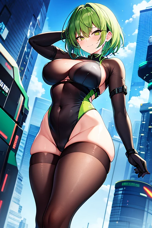 1girl, green hair, very short hair, yellow eyes, large breasts, breasts, wide hips, thick thighs, smug, smirk, leotard, bare legs, black bodysuit, futuristic, science-fiction, tech, machinery, neon trim, neon, pantyhose