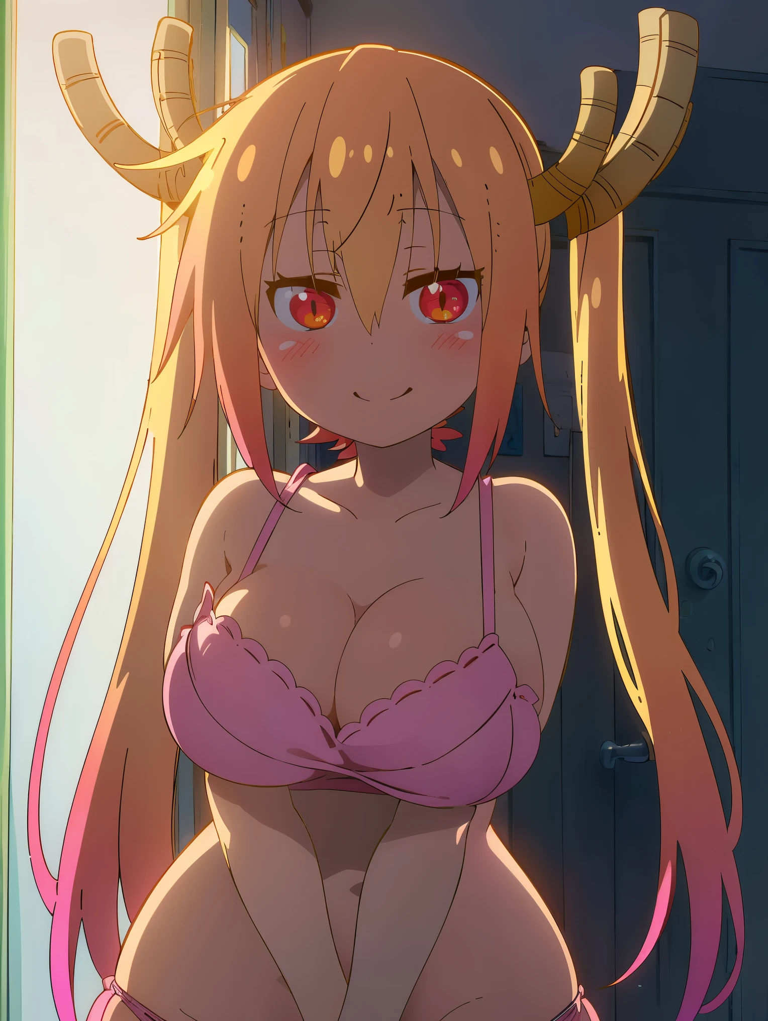 There was one girl with shiny skin in the bedroom， yposture，best qualtiy，tmasterpiece，（Photorealsitic：1.4），brehancement,reality,offcial art,The 8k quality,Super Detail,Fine detail skin,Movie angle,Cinematic textures,Movie Lighting,masutepiece,The highest image quality,1 girl,Vermilion lips,hair messy,pantyshotMimi，crisp breasts,1girlllimbs,((cleavage)), red eyes,breasts))), ((((blushing) and pink hair, ((smile)), ((panties)), ((thick thihgs)), (close up),nytails, horns, ((bra)), standing,