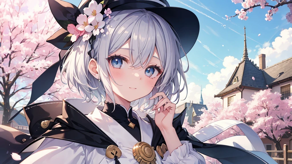 super high quality, with a girl, 20-year-old, very short hair, long bangs between the eyes, gray eyes , blue sky, sunlight, very detailed,(masterpiece、highest quality)、alone、gray hair、laughter、fantasy, silver hair, black eye, beautiful eyes,, ecstasy, charm, be smitten with audience, fantasyな風景、Princess、white clothes、wizard&#39;s hat、cherry blossoms