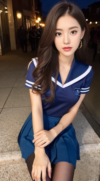 correct anatomy,(best quality,8K,32K,master piece,hyper hd:1.3),Snack street,attractive Japanese woman,(different angles,Different costumes,seven doppelganger photos:1.1),One woman,(medium breasts:1.1),perfect body,(sailor shirt,pleated skirt:1.3),super detailed face,detailed lips,fine eye,double eyelid,(moonlight:1.2)、(wearing black pantyhose,realistic pantyhose)、whole body