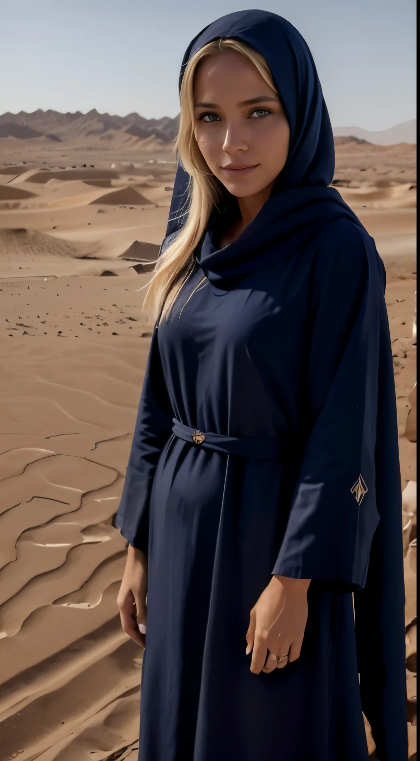 Foto hiperrealista en primer plano de 20 years old Maria Bello, Create dystopian masterpieces.  in a full cover bedouin bedouin costume (navy navy long tunic) on the desert, beautiful woman, skinny, small breasts, straight blond hair, detailed face, smile, photo taken from a distance, age 20 tears old