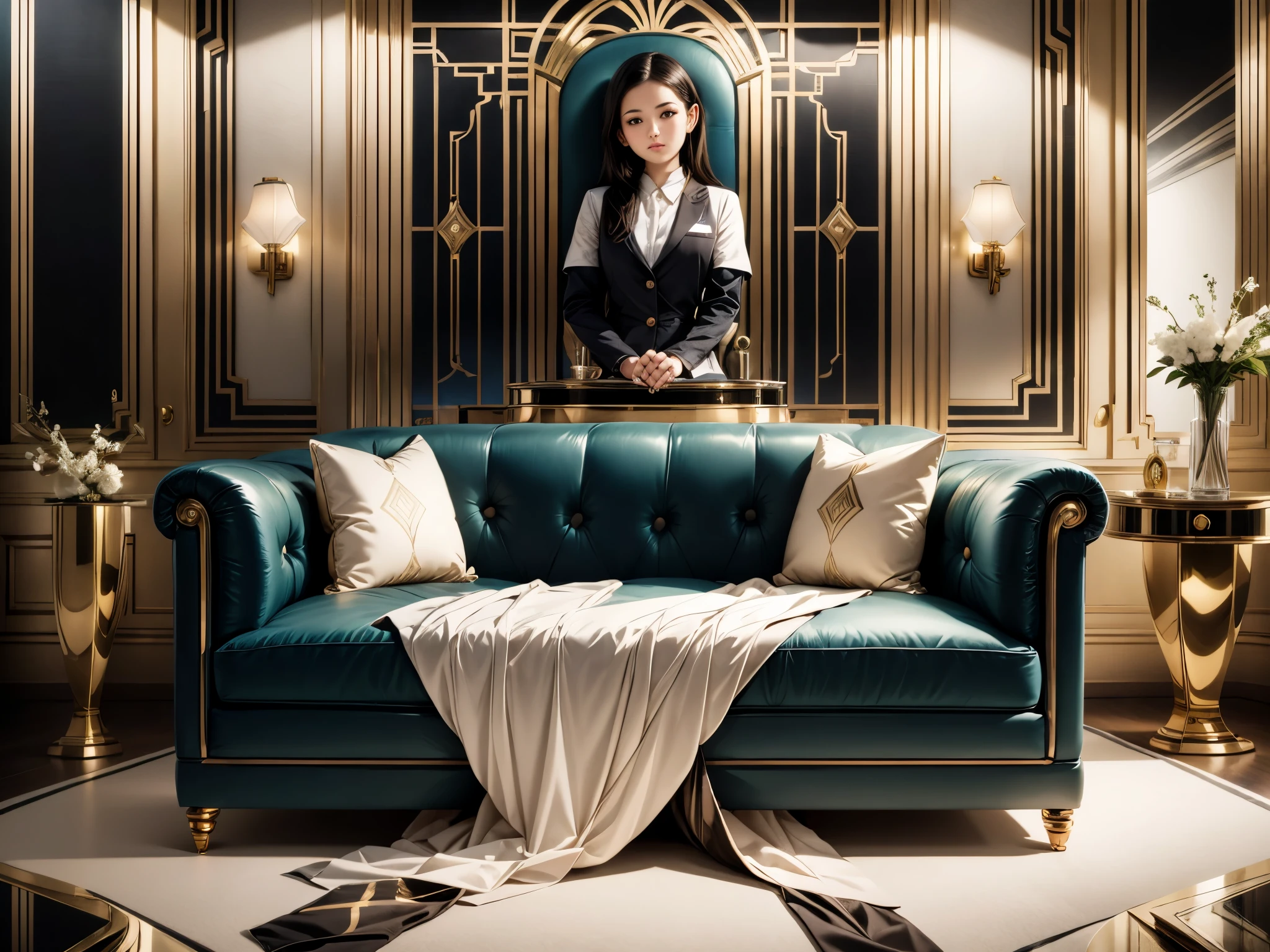 A **** girl sitting in an art deco room, (best quality, highres, ultra-detailed), (realistic),