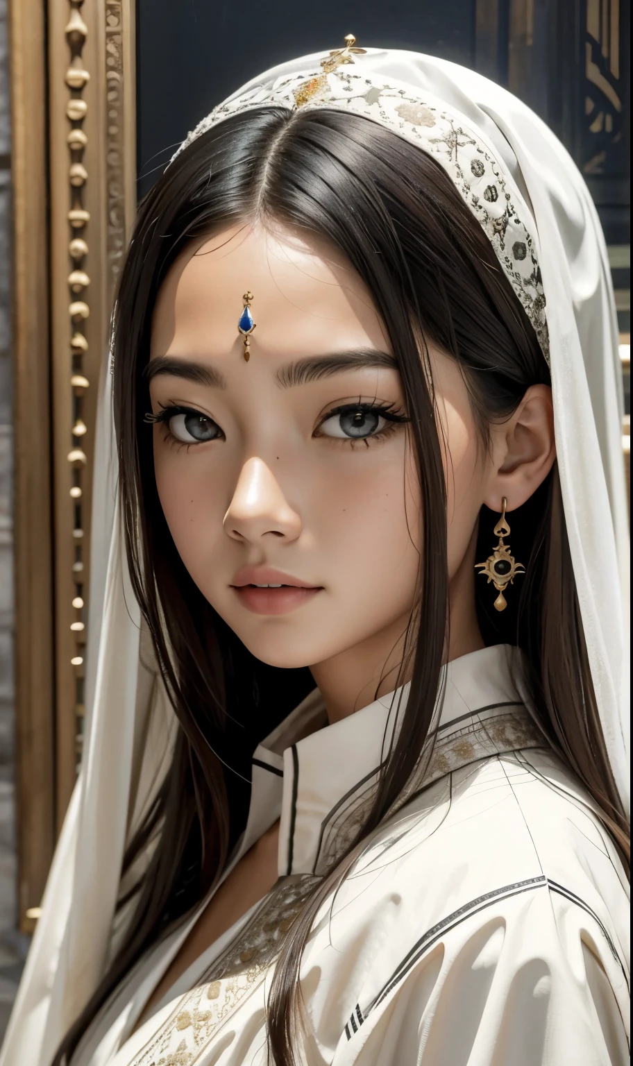 obra maestra, arte detallado, una hermosa tarotista con largo cabello blanco ondulado, ojos grises, pecas, cara blanca, pechos grandes, cintura , vistiendo un elegante traje de tarod digno de un antiguo arte de la magia, tarotista hembra adulta, Asian angle.