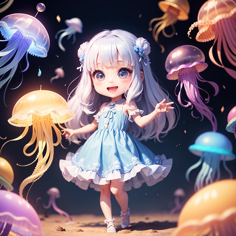masterpiece、highest quality、Super detailed、(Chibi Chara 1.2)、jellyfish、(Hello:1.4)、(Light prism:1.2)、open your mouth and smile、blue purple dress、Full body standing、White hair, Blue-eyed eyes, キラキラ jellyfish