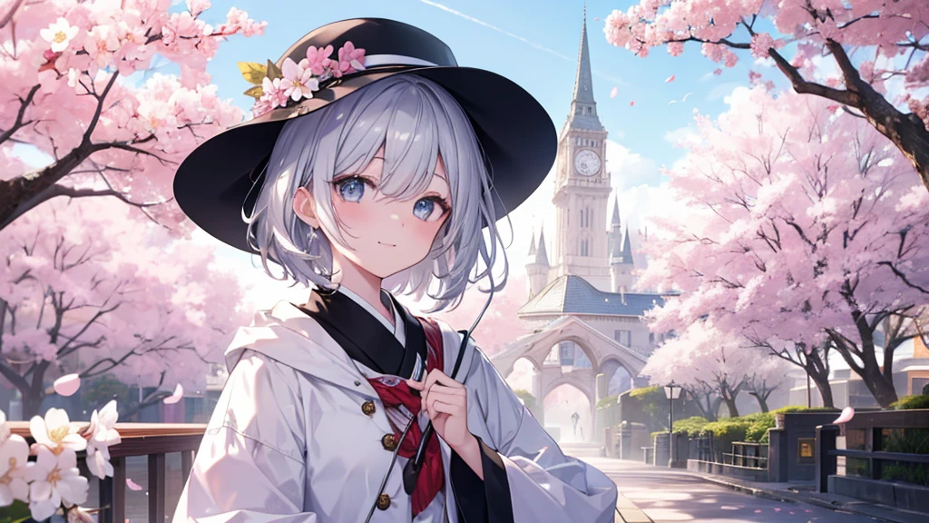 super high quality, with a girl, 20-year-old, very short hair, long bangs between the eyes, gray eyes , blue sky, sunlight, very detailed,(masterpiece、highest quality)、alone、gray hair、laughter、fantasy, silver hair, black eye, beautiful eyes,, ecstasy, charm, be smitten with audience, fantasyな風景、Princess、white clothes、hat、cherry blossoms