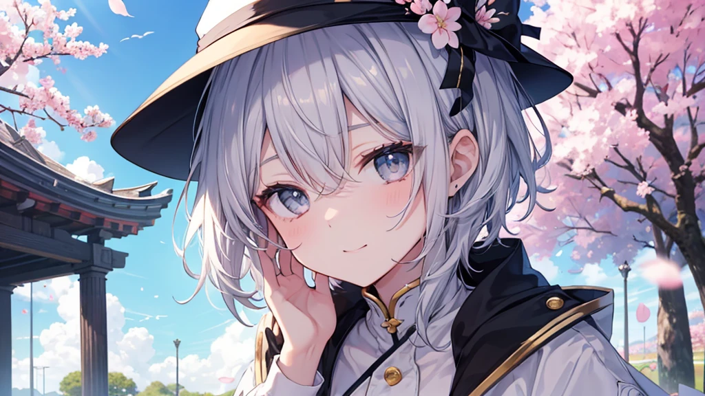 super high quality, with a girl, 20-year-old, very short hair, long bangs between the eyes, gray eyes , blue sky, sunlight, very detailed,(masterpiece、highest quality)、alone、gray hair、laughter、fantasy, silver hair, black eye, beautiful eyes,, ecstasy, charm, be smitten with audience, fantasyな風景、Princess、white clothes、hat、cherry blossoms
