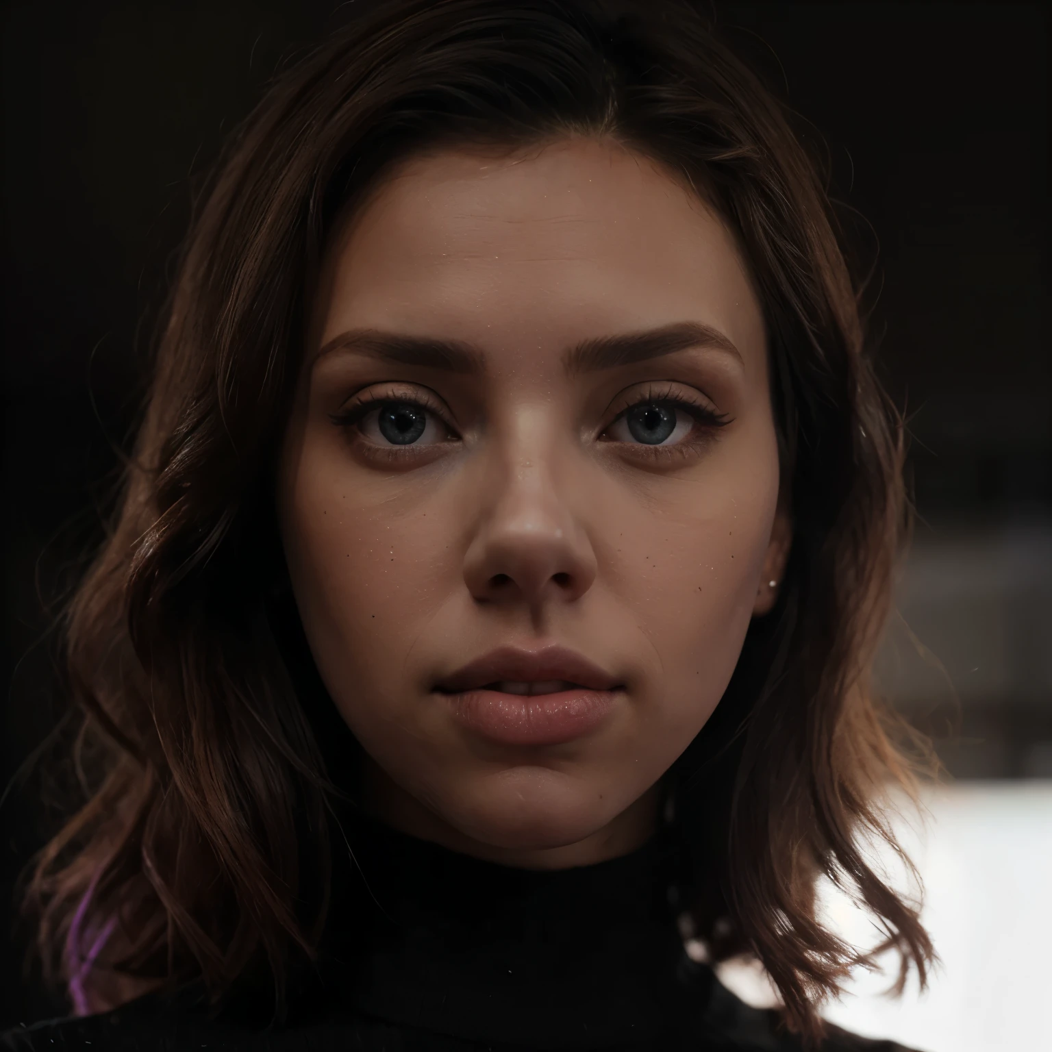 olga_alberti, realistic photo of a stunning Scarlett Johansson, multi colored hair, comfy black sweater, in front of bright light, lit from behind, rim lighting, backlit, bright neon light, neon sign, neon, dark background, black background, dramatic, desaturated,, ((perfect eyes, detailed eyes,realistic eyes)), ((sharp face, detailed face, realistic face, naturtal skin, realistic skin, detailed skin, pores))