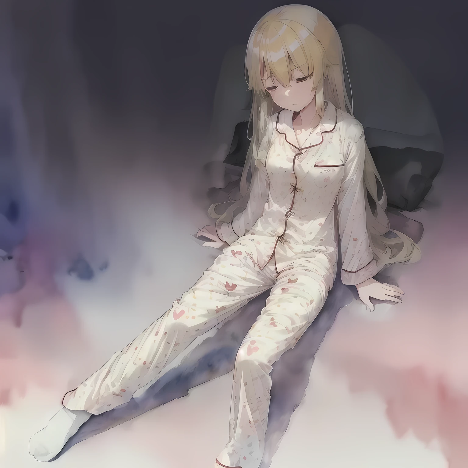 1 girl,East,blonde hair,(big breasts:1.3),yellow eyes,(white knee highs,no shoes:1.4),(sleepy:1.2),(flat,watercolor (Moderate):1.4),Long pajamas