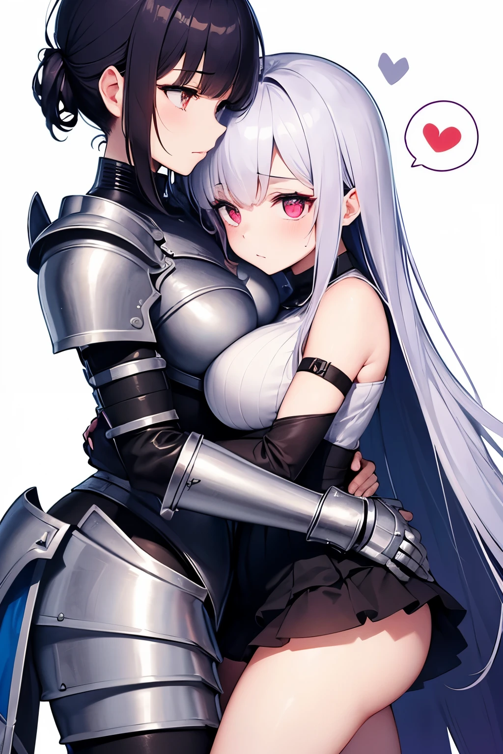 2girls, yuri, couples, (hug:1.1), armored dress, curvy, eye contact, (spoken heart:1.3), (spoken heart:1.3), (spoken heart:1.3 ), white simple background, (masterpiece, Best Quality:1.3)