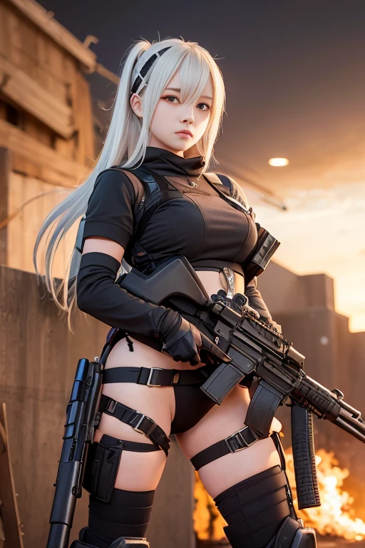 (Cute Beautiful Asian Alone Short Hair Color White Hair Fringe) ultra realista, Very high resolution, foco nítido, qualidade superior, ambient lighting (fundo cidade) She's standing (she's wearing a SWAT vest) e uma (calcinha tangas divertidas) staring directly at camera, pele brilhante, rosto ultra detalhado, bochecha rosada, tactical glove, arma, 8k, pele liza (corpo inteiro).