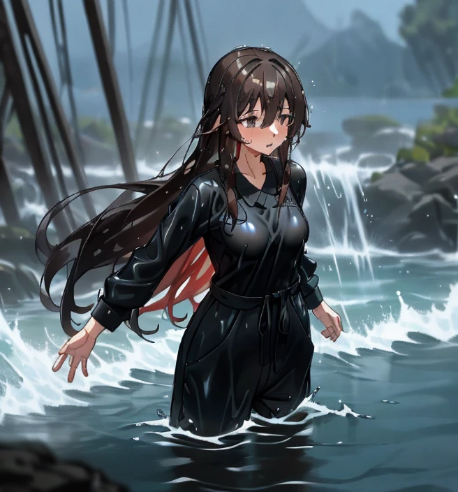 woman，long hair，（beautiful，Good-looking），wet，barefoot，Mature，Wearing a black jumpsuit