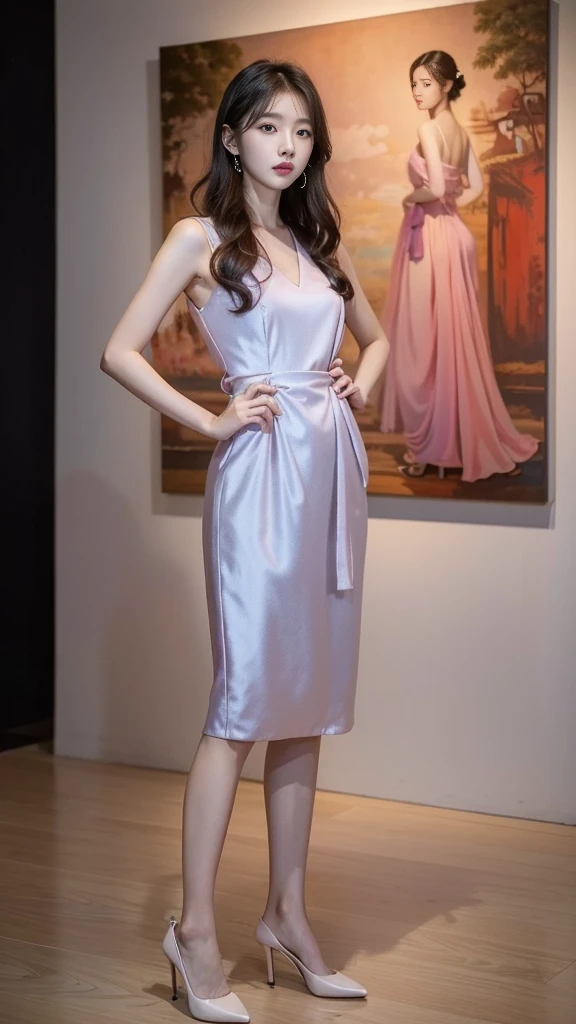 real photograph, 4k, A beautiful Japanese woman in her 30s, wearing a sleeveless long dress made of fine crystal-like fabric, lavender in color, in a large room with crystal walls, with light reflecting off the floor and an overall flat contrast. Her hair is tied back in one and draped over her shoulder. She is elegantly walking with a gentle breeze blowing. Her eyes are light brown, with droopy eyes and slightly plump cheeks. Her nose is pointed upwards.