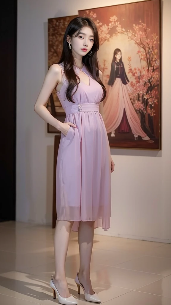 a woman in a short dress posing in front of a painting, gorgeous young korean woman, wearing an elegant dress, beautiful young korean woman, sexy dress, beautiful south korean woman, yanjun chengt, jaeyeon nam, korean women's fashion model, elegant dress, hwang se - on, pink dress, korean artist, wearing a pink dress, cute korean actress