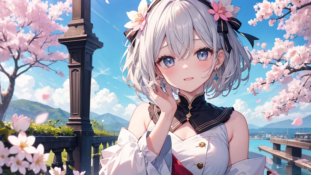 super high quality, with a girl, 20-year-old, very short hair, long bangs between the eyes, gray eyes , blue sky, sunlight, very detailed,(masterpiece、highest quality)、alone、gray hair、laughter、fantasy, silver hair, black eye, beautiful eyes,, ecstasy, charm, be smitten with audience, fantasyな風景、Princess、white clothes、cherry blossoms