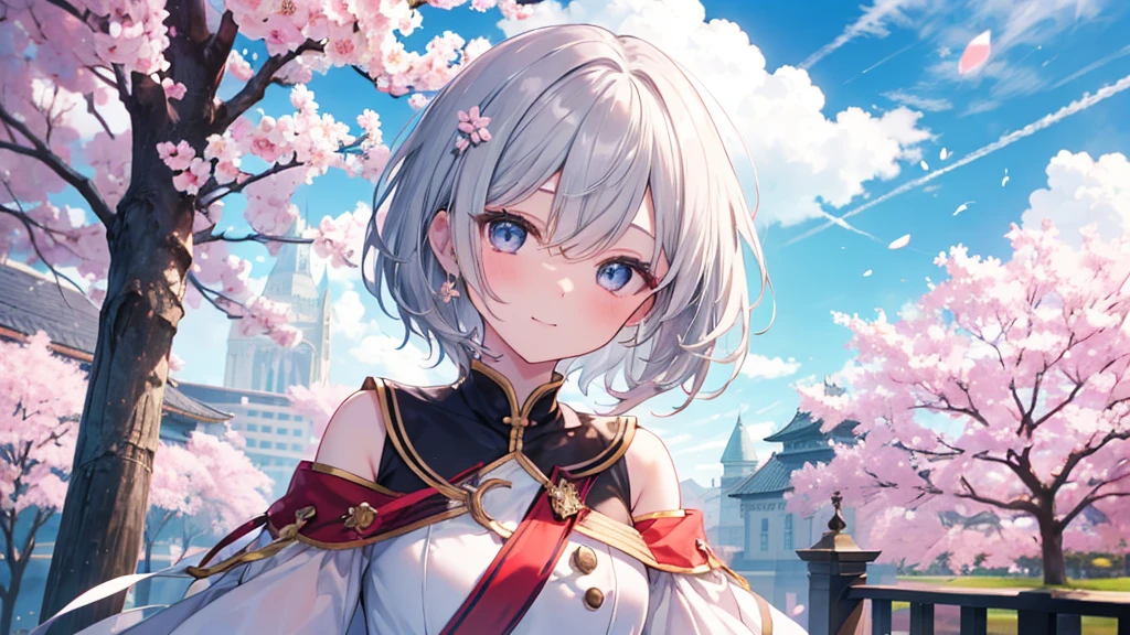 super high quality, with a girl, 20-year-old, very short hair, long bangs between the eyes, gray eyes , blue sky, sunlight, very detailed,(masterpiece、highest quality)、alone、gray hair、laughter、fantasy, silver hair, black eye, beautiful eyes,, ecstasy, charm, be smitten with audience, fantasyな風景、Princess、white clothes、cherry blossoms