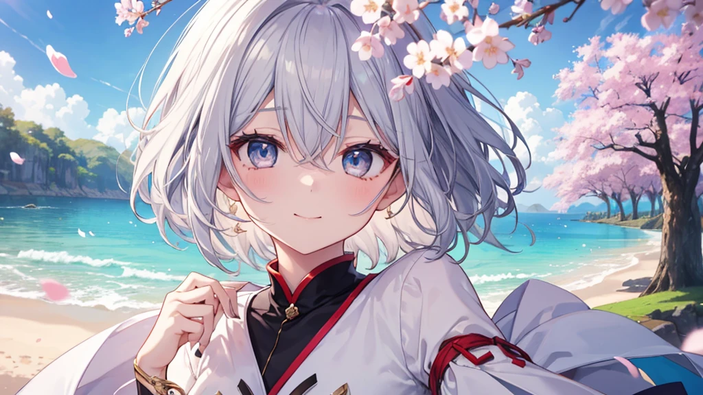 super high quality, with a girl, 20-year-old, very short hair, long bangs between the eyes, gray eyes , blue sky, sunlight, very detailed,(masterpiece、highest quality)、alone、gray hair、laughter、fantasy, silver hair, black eye, beautiful eyes,, ecstasy, charm, be smitten with audience, fantasyな風景、Princess、white clothes、cherry blossoms