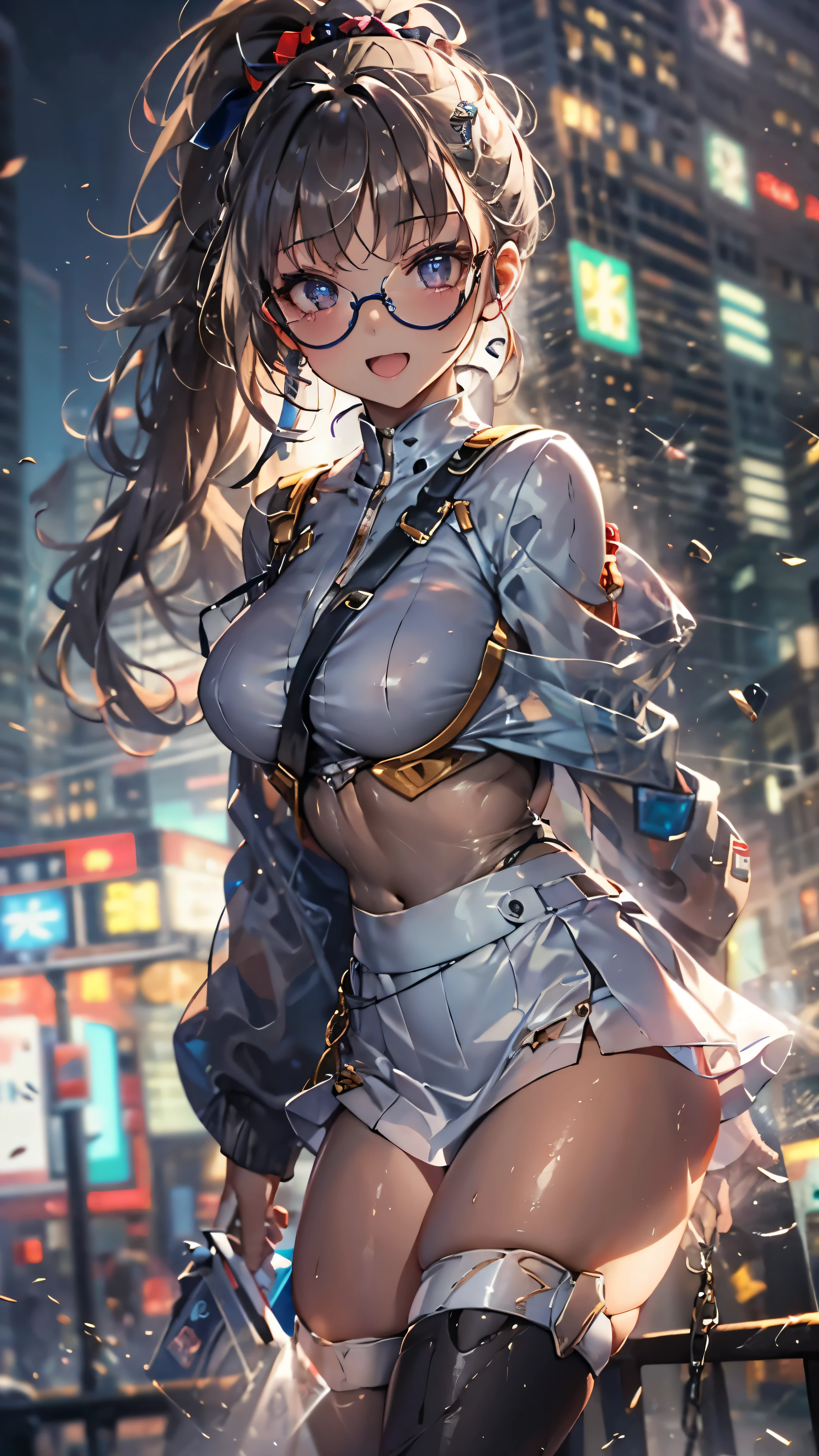 woman,14 years old,,city,night,(((tight mini skirt bodysuit))),,open mouth smile((See-through))Glasses,((Beautiful long ponytail)),((baby girl body shape))