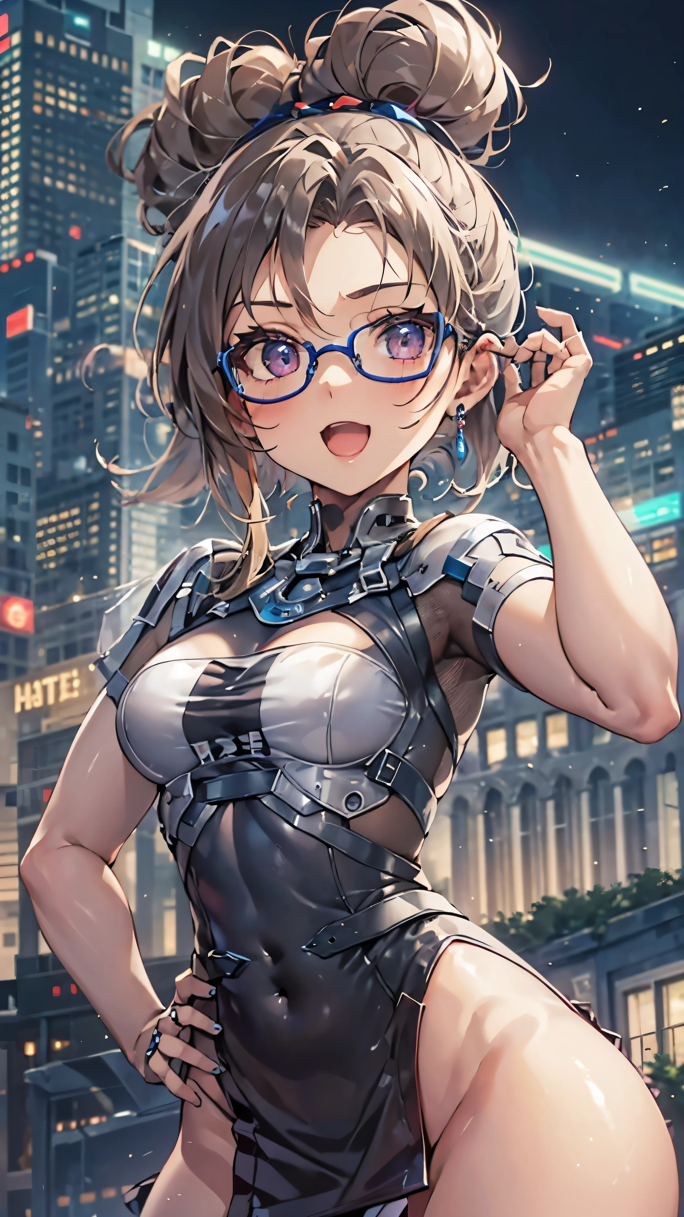 woman,,,city,night,(((tight mini skirt bodysuit))),,open mouth smile((See-through))Glasses,((Beautiful long ponytail)),((baby girl bohape))