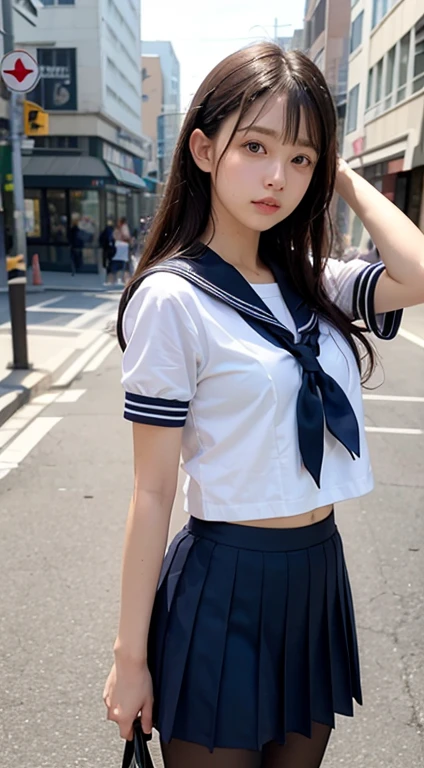 (masterpiece, highest quality:1.2), 8K, official art, RAW photo, incredibly absurd, (Upper body, sailor suit, serafuku:1.4), beautiful girl, cute face, arch back, (navy pleated skirt:1.1), close, school uniform, short sleeve, gardenia, violaces, Ten generations, street, looking at the viewer, no makeup, film grain, chromatic aberration, sharp focus, face light, dynamic lighting, cinematic lighting, detailed eyes and face, background bokeh、(wearing black pantyhose,realistic pantyhose)、whole body、sailor suit