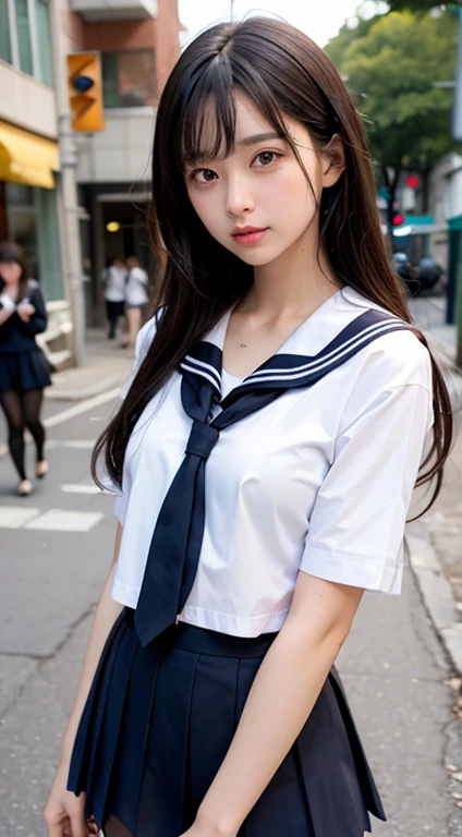 (masterpiece, highest quality:1.2), 8K, official art, RAW photo, incredibly absurd, (Upper body, sailor suit, serafuku:1.4), beautiful girl, cute face, arch back, (navy pleated skirt:1.1), close, school uniform, short sleeve, gardenia, violaces, Ten generations, street, looking at the viewer, no makeup, film grain, chromatic aberration, sharp focus, face light, dynamic lighting, cinematic lighting, detailed eyes and face, background bokeh、(wearing black pantyhose,realistic pantyhose)、whole body、sailor suit