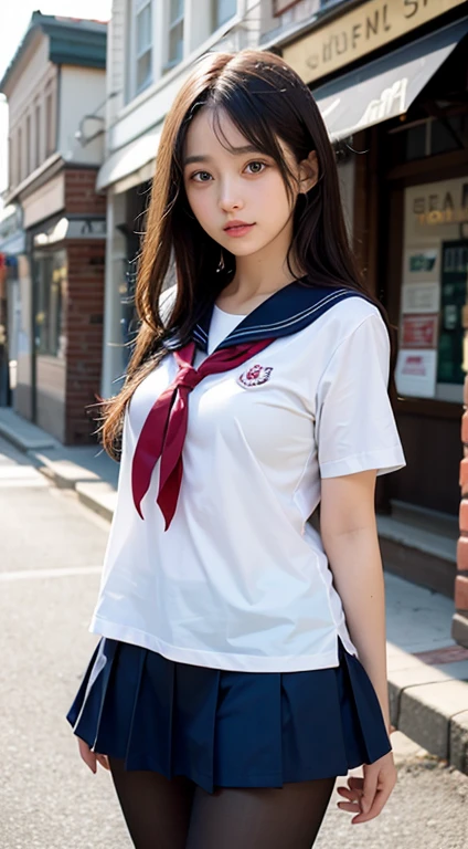 (masterpiece, highest quality:1.2), 8K, official art, RAW photo, incredibly absurd, (Upper body, sailor suit, serafuku:1.4), beautiful girl, cute face, arch back, (navy pleated skirt:1.1), close, school uniform, short sleeve, gardenia, violaces, Ten generations, street, looking at the viewer, no makeup, film grain, chromatic aberration, sharp focus, face light, dynamic lighting, cinematic lighting, detailed eyes and face, background bokeh、(wearing black pantyhose,realistic pantyhose)、whole body、sailor suit