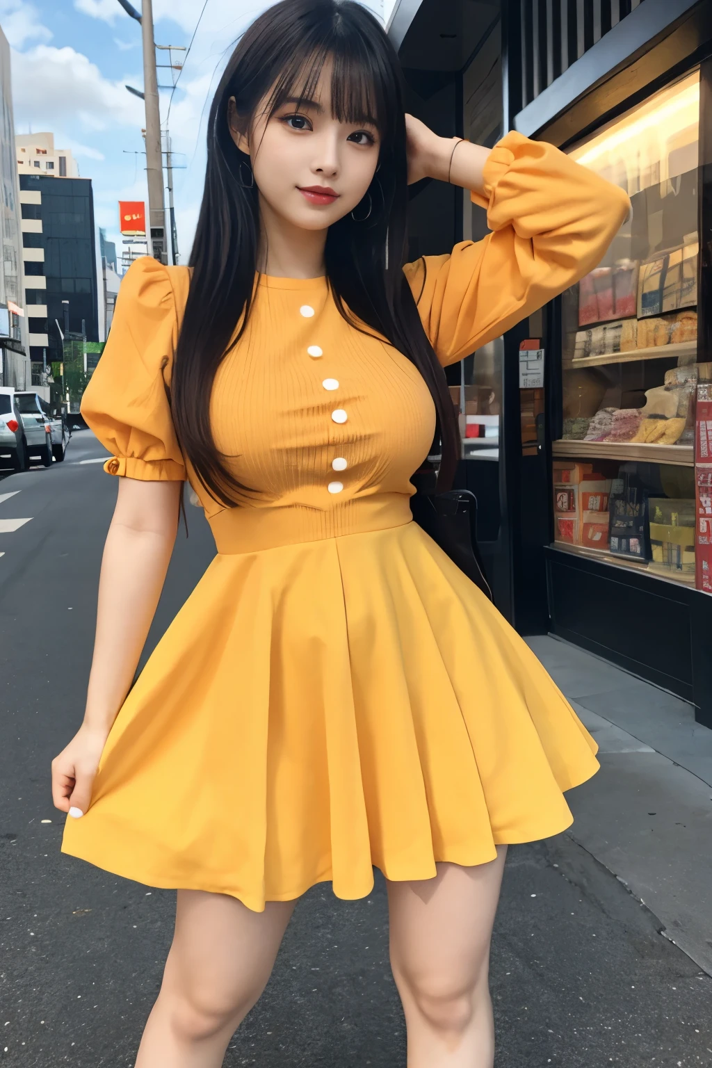 female idol、 、Full body Esbian、、 、fluorescent orange tight mini dress、blonde hair