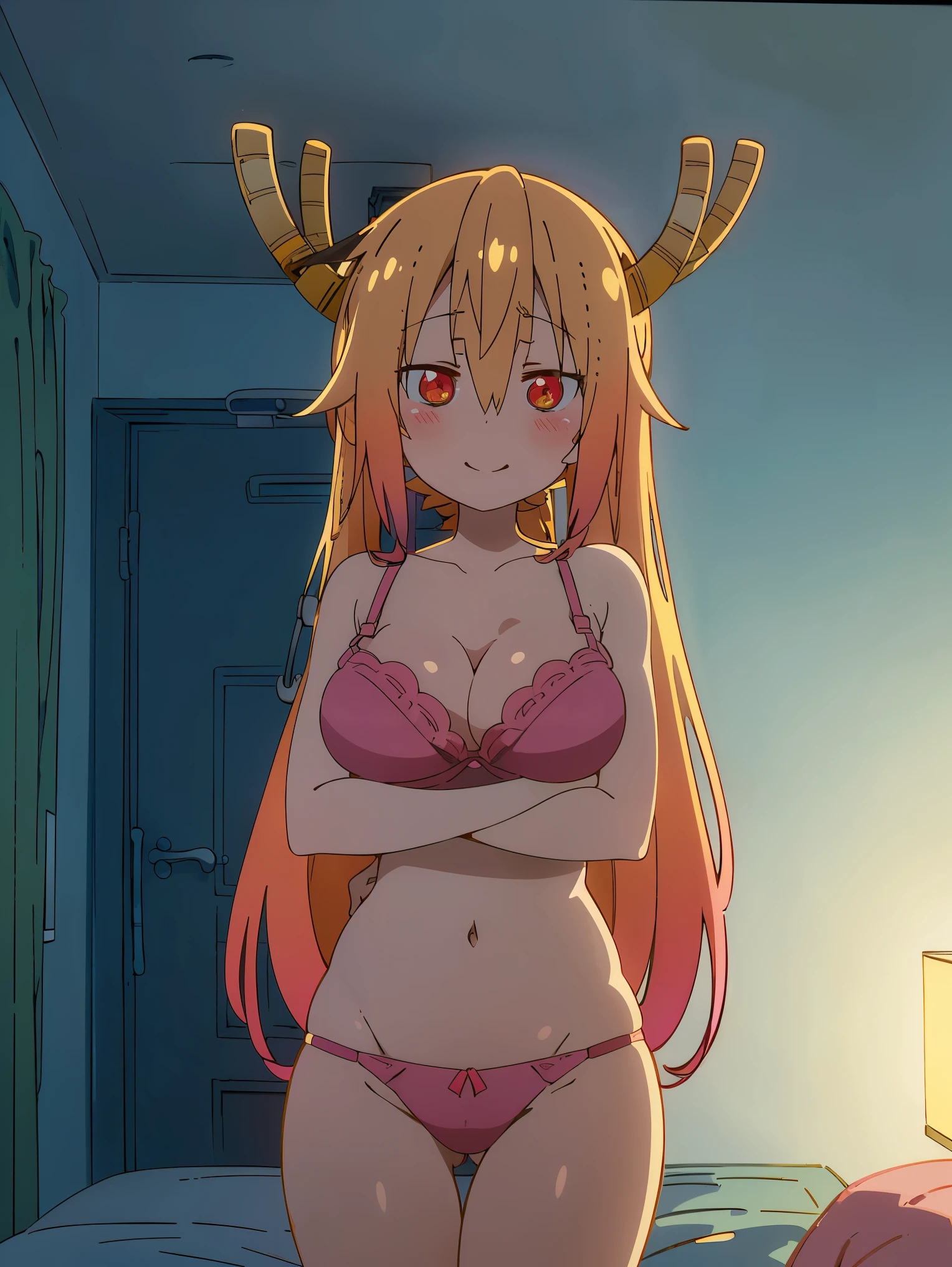 There was one girl with shiny skin in the bedroom, sexyposture,best qualtiy,tmasterpiece,(Photorealsitic:1.4),breast enhancement,reality,offcial art,The 8k quality,Super Detail,Fine detail skin,Movie angle,Cinematic textures,Movie Lighting,masutepiece,The highest image quality,1 girl,Vermilion lips,hair messy,pantyshot,Big Mimi,crisp breasts,1girll,upper limbs,((cleavage)), red eyes, (((big breasts))), ((((blushing)))), blonde and pink hair, ((smile)), ((panties)), ((thick thihgs)), (thighs), two ponytails, horns, ((bra)), standing, daylight