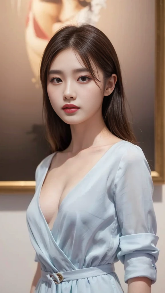 a woman in a short dress posing in front of a painting, gorgeous young korean woman, wearing an elegant dress, beautiful young korean woman, sexy dress, beautiful south korean woman, yanjun chengt, jaeyeon nam, korean women's fashion model, elegant dress, hwang se - on, pink dress, korean artist, wearing a pink dress, cute korean actress