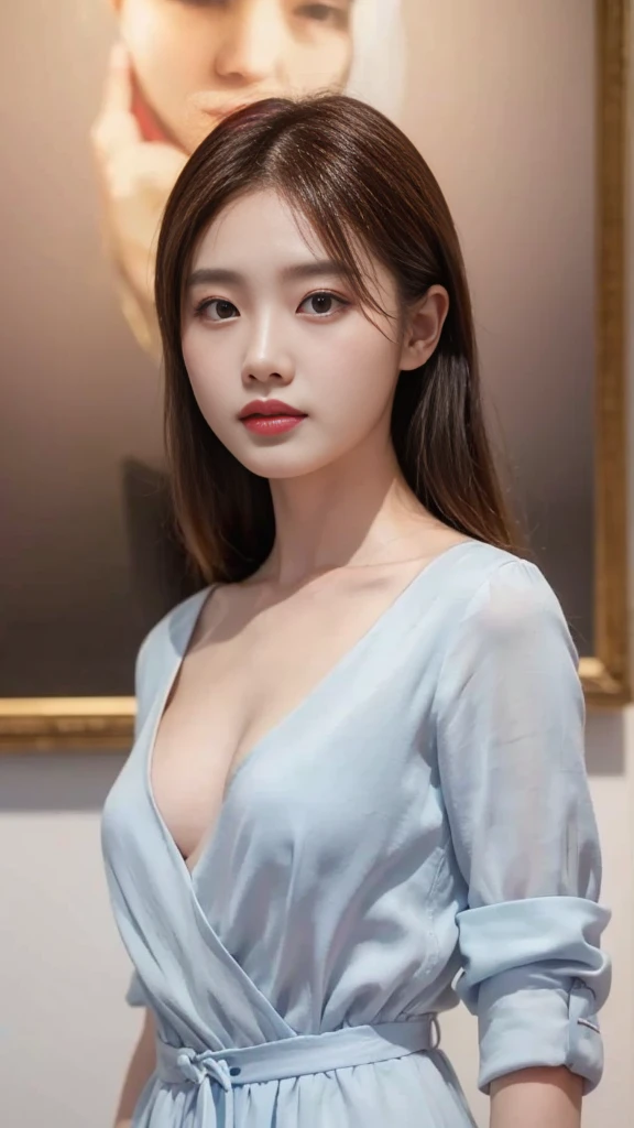 a woman in a short dress posing in front of a painting, gorgeous young korean woman, wearing an elegant dress, beautiful young korean woman, sexy dress, beautiful south korean woman, yanjun chengt, jaeyeon nam, korean women's fashion model, elegant dress, hwang se - on, pink dress, korean artist, wearing a pink dress, cute korean actress