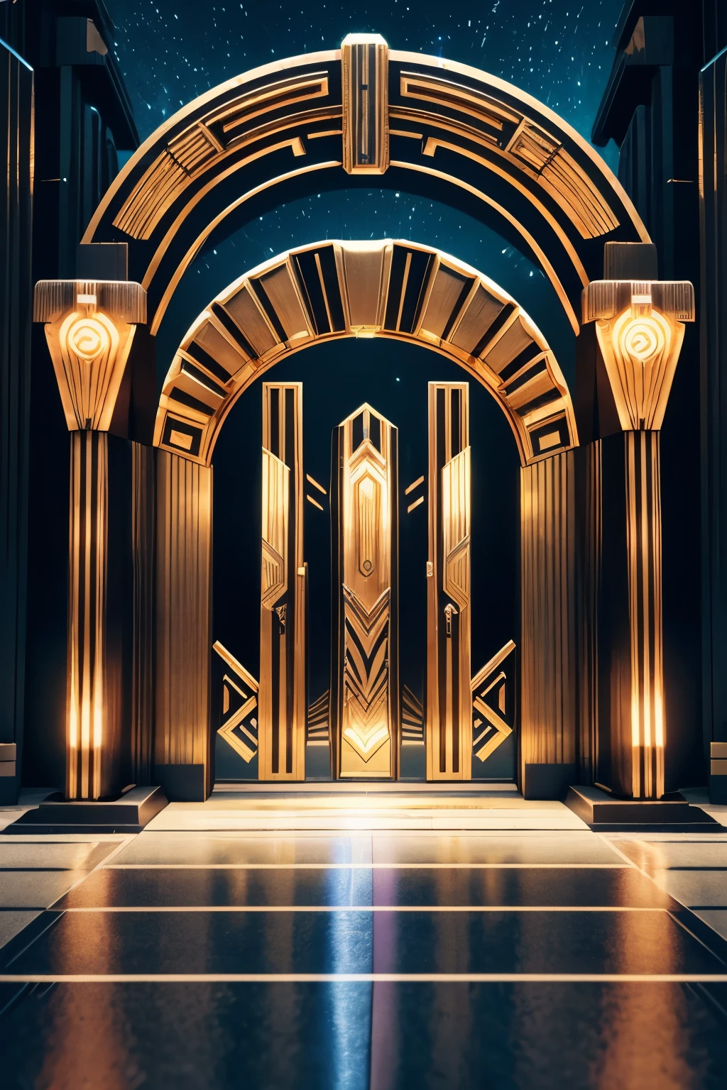 best quality, 32k, RAW photo, incredibly absurdres, extremely detailed, (art deco:1.4), teleportation gate, 3d, fantasy, delicate, flashy and dynamic depiction, image processing with mysterious effects