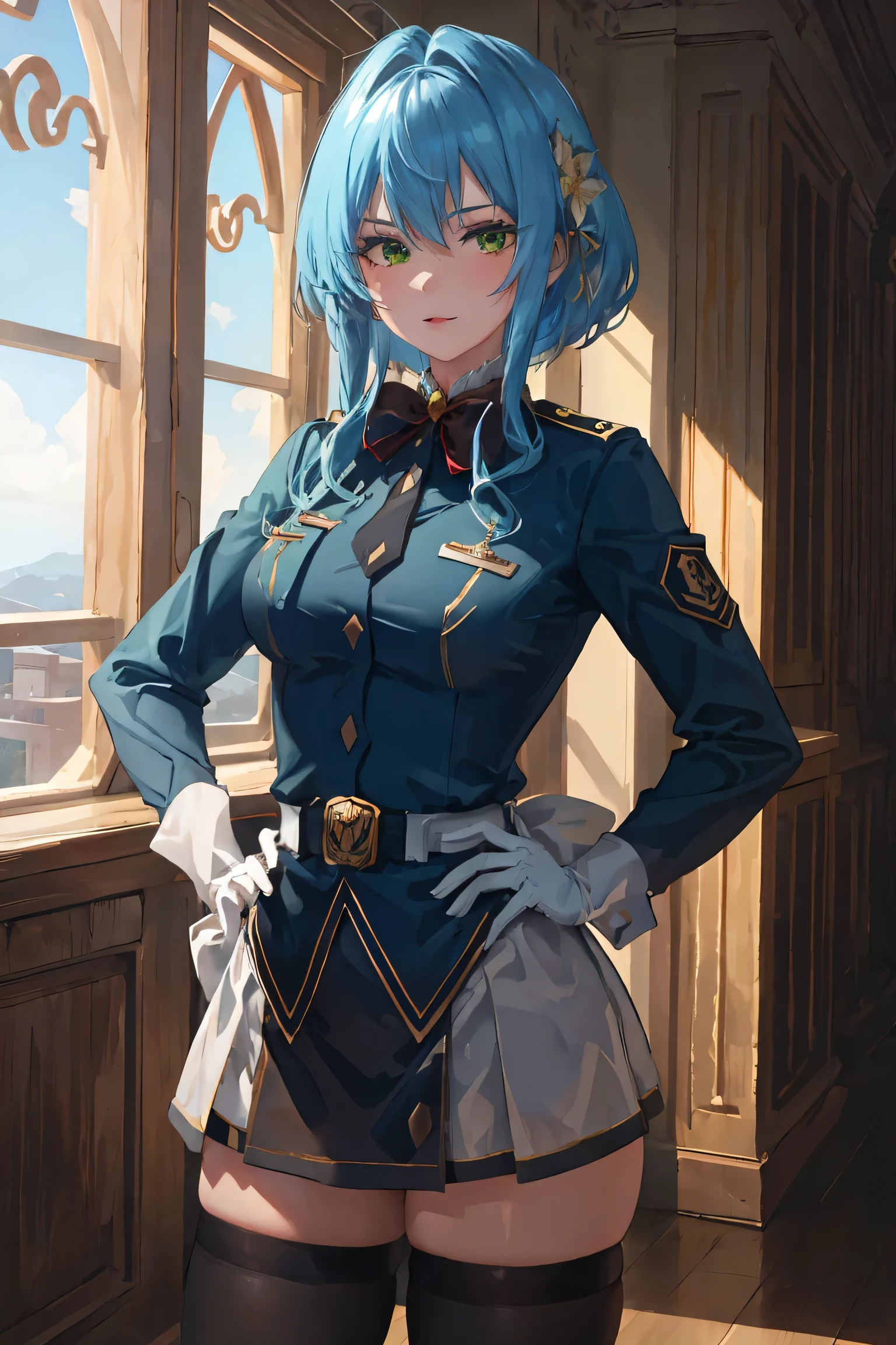 highres, aavillhaze, short hair, green eyes,
BREAK wearing military uniform, red bowtie, long sleeves, armband, white gloves, belt, black thighhighs, 
BREAK looking at viewer,standing, cowboy shot, hand on hip,
BREAK indoors, library,
BREAK (masterpiece:1.2), best quality, high resolution, unity 8k wallpaper,NSFW ,(illustration:0.8), extremely detailed face, perfect lighting, extremely detailed CG, (perfect hands, perfect anatomy),