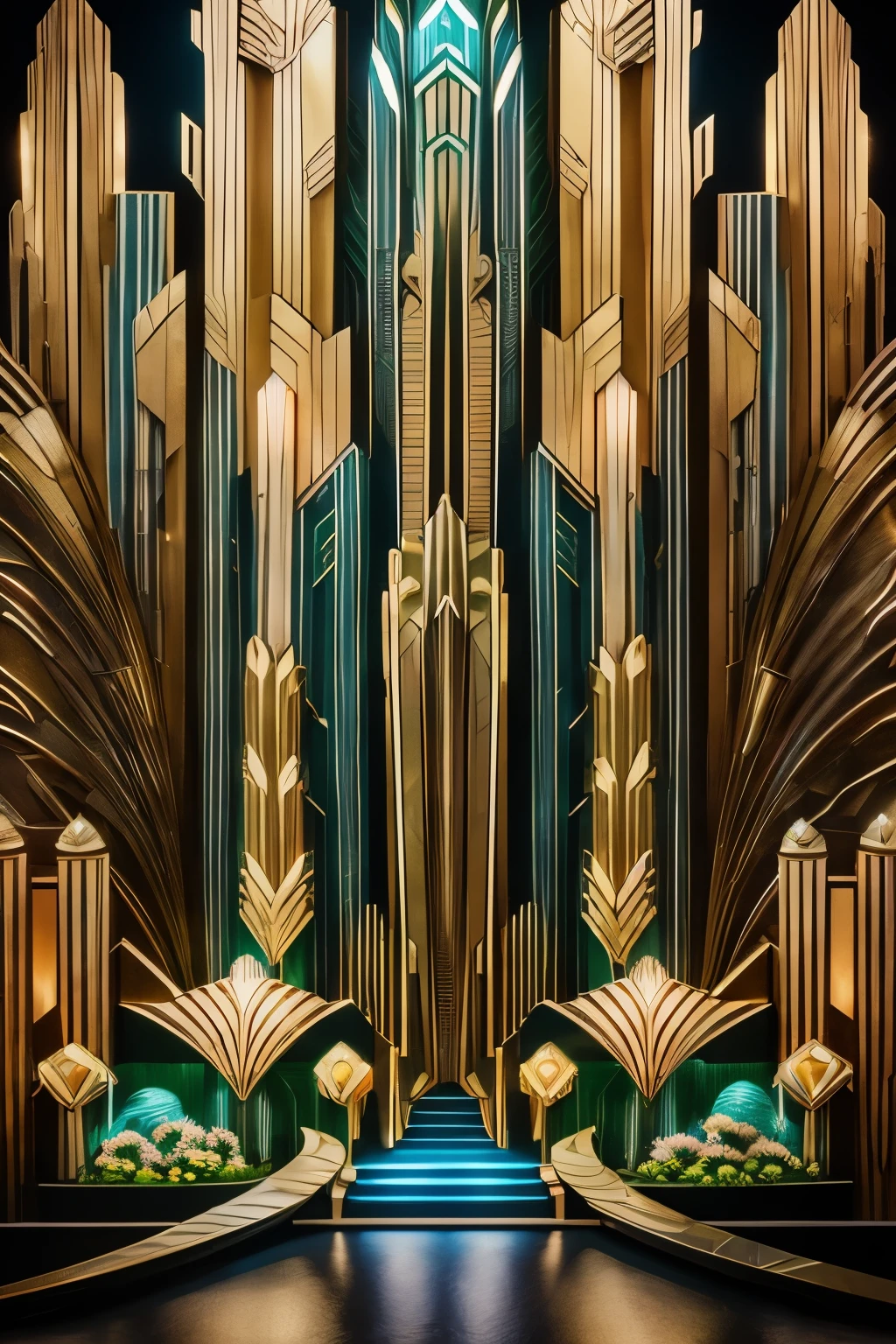 best quality, 32k, RAW photo, incredibly absurdres, extremely detailed, (art deco:1.4), teleportation gate, 3d, fantasy, delicate, flashy and dynamic depiction, image processing with mysterious effects