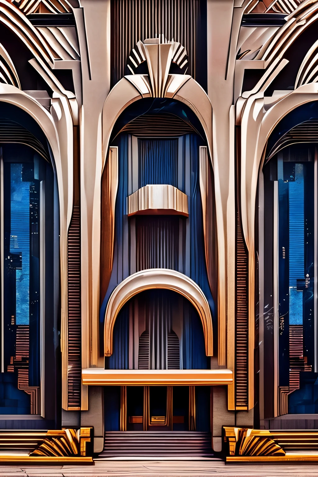 best quality, 32k, RAW photo, incredibly absurdres, extremely detailed, (art deco:1.4), teleportation gate, 3d, fantasy, delicate, flashy and dynamic depiction, image processing with mysterious effects