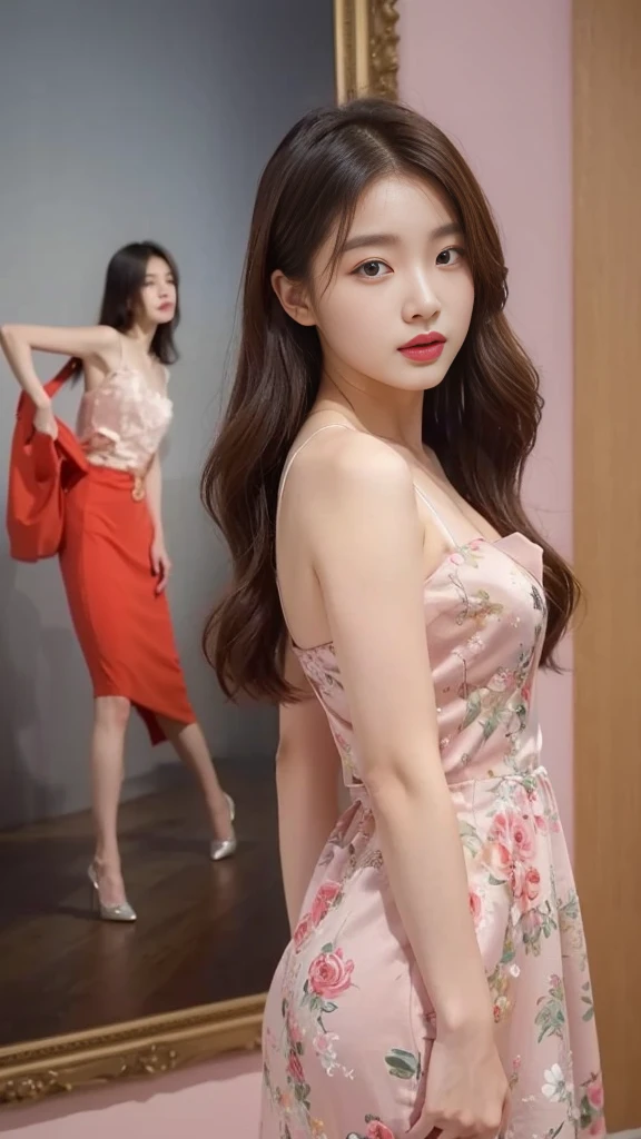 a woman in a short dress posing in front of a painting, gorgeous young korean woman, wearing an elegant dress, beautiful young korean woman, sexy dress, beautiful south korean woman, yanjun chengt, jaeyeon nam, korean women's fashion model, elegant dress, hwang se - on, pink dress, korean artist, wearing a pink dress, cute korean actress
