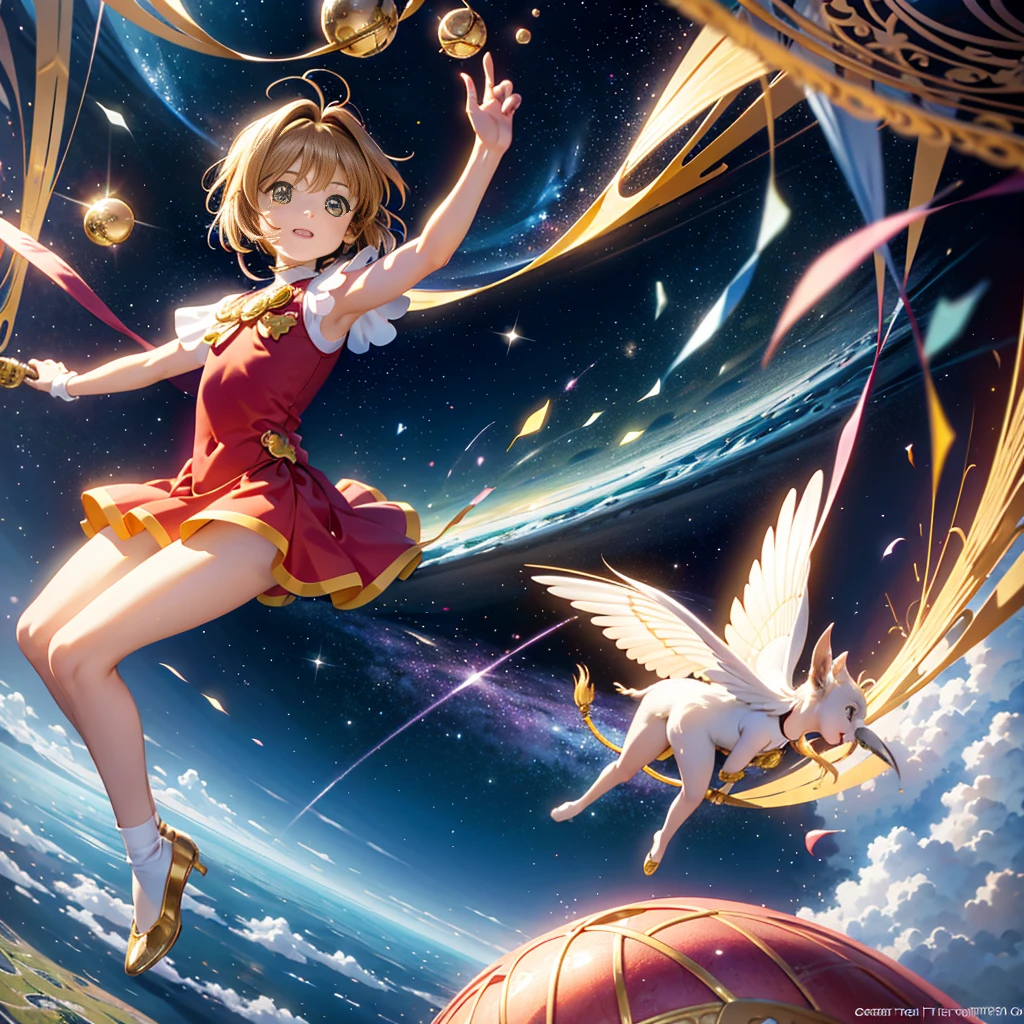 realistic, (masterpiece, excellent quality, highest quality, official art, beautiful and aesthetic: 1.2),(flight:1.4) very detailed, fractal art, colorful, more detailed, (abstract background: 1.5) (1 girl: 1.3), light brown hair, bright eyes, Hilarious, Hairstyle back, short hair, , milky way, Giant magic golden Sagittarius astrolabe, dream, fantasy, Golden trim, beautiful and detailed sky, Style and decoration, Female-only room, (Sakura Cardcaptor)