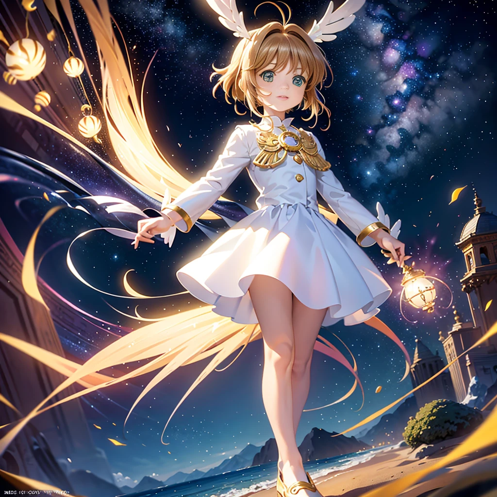 realistic, (masterpiece, excellent quality, highest quality, official art, beautiful and aesthetic: 1.2),(flight:1.4) very detailed, fractal art, colorful, more detailed, (abstract background: 1.5) (1 girl: 1.3), light brown hair, bright eyes, Hilarious, Hairstyle back, short hair, , milky way, Giant magic golden Sagittarius astrolabe, dream, fantasy, Golden trim, beautiful and detailed sky, Style and decoration, Female-only room,  (Sakura Cardcaptor)
