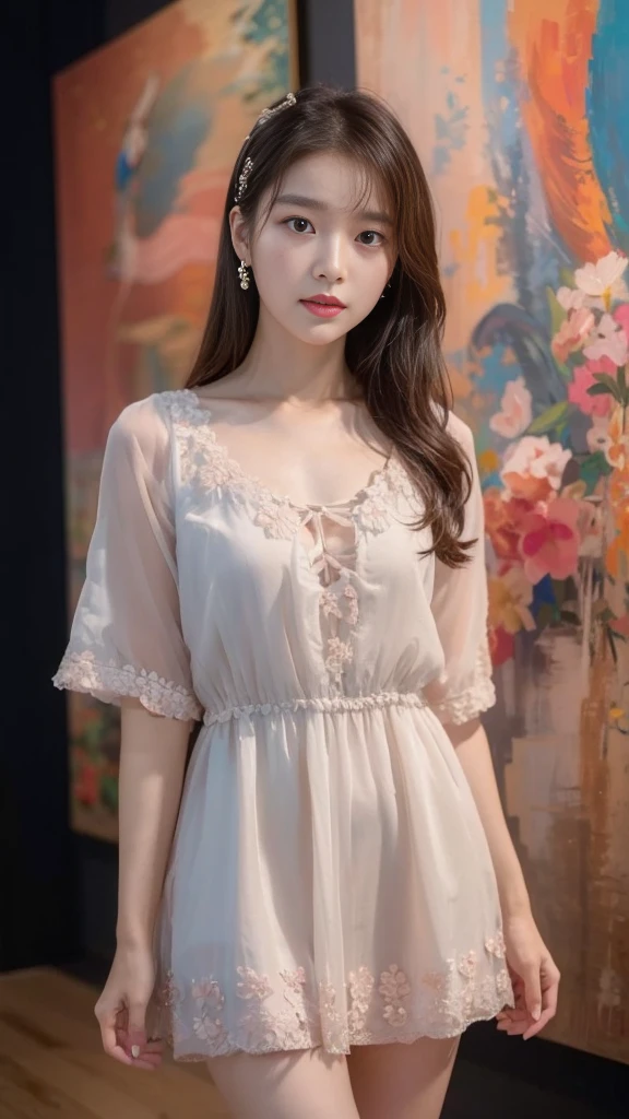 a woman in a short dress posing in front of a painting, gorgeous young korean woman, wearing an elegant dress, beautiful young korean woman, sexy dress, beautiful south korean woman, yanjun chengt, jaeyeon nam, korean women's fashion model, elegant dress, hwang se - on, pink dress, korean artist, wearing a pink dress, cute korean actress