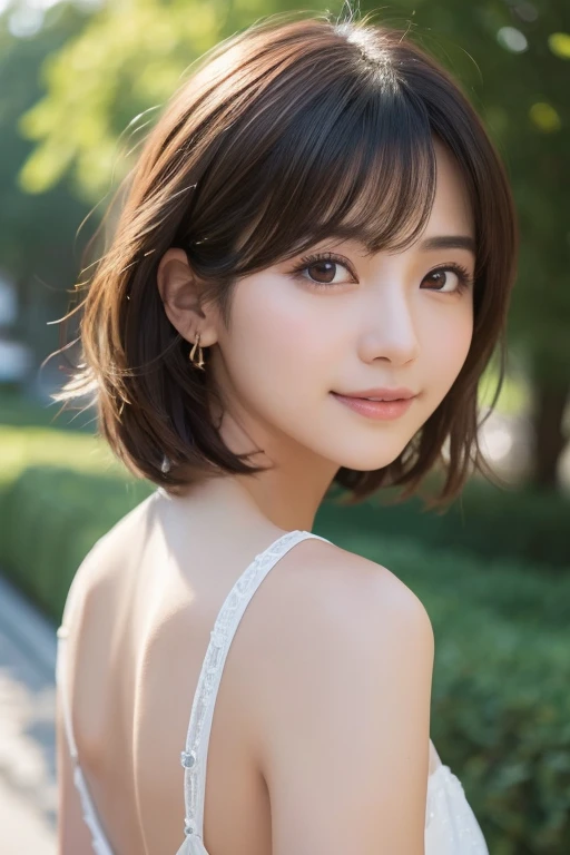 ((highest quality、best image quality、ultra high resolution、Drawn in ultra-high definition、alone、look closely at the camera))、1 girl、realistic、written boundary depth、natural soft light、Echiechi, Constricted body, 30 years old, beautiful and detailed eyes, short bob hair, highest quality, masterpiece, Layer Bob Hair, Moist eyes, Pixie cut hair, great pose, brown eyes, smile, perfect fingers、perfect hands、perfect body、perfect face, perfect anatomy, glossy lips, natural makeup, small ass, professional lighting, cowboy shot, self snap, camisole, simple background, Hotel, beautiful decolletage, From above,