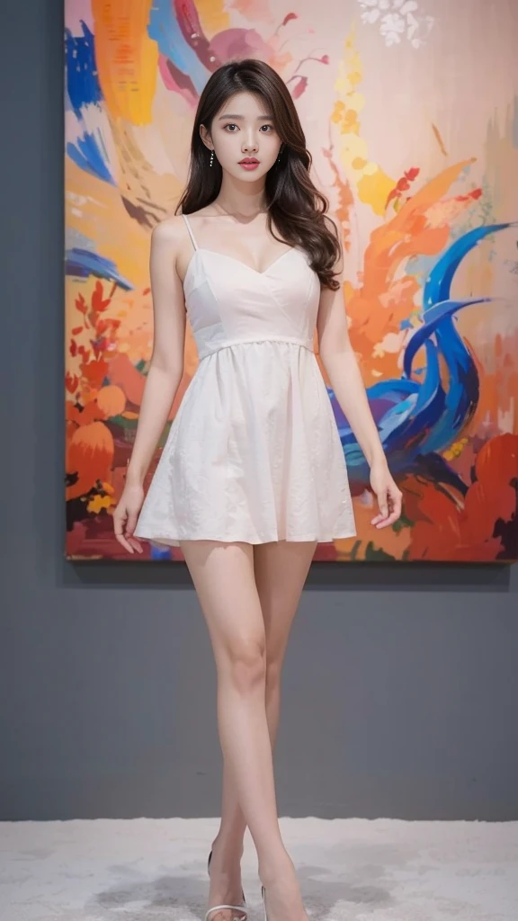 a woman in a short dress posing in front of a painting, gorgeous young korean woman, wearing an elegant dress, beautiful young korean woman, sexy dress, beautiful south korean woman, yanjun chengt, jaeyeon nam, korean women's fashion model, elegant dress, hwang se - on, pink dress, korean artist, wearing a pink dress, cute korean actress