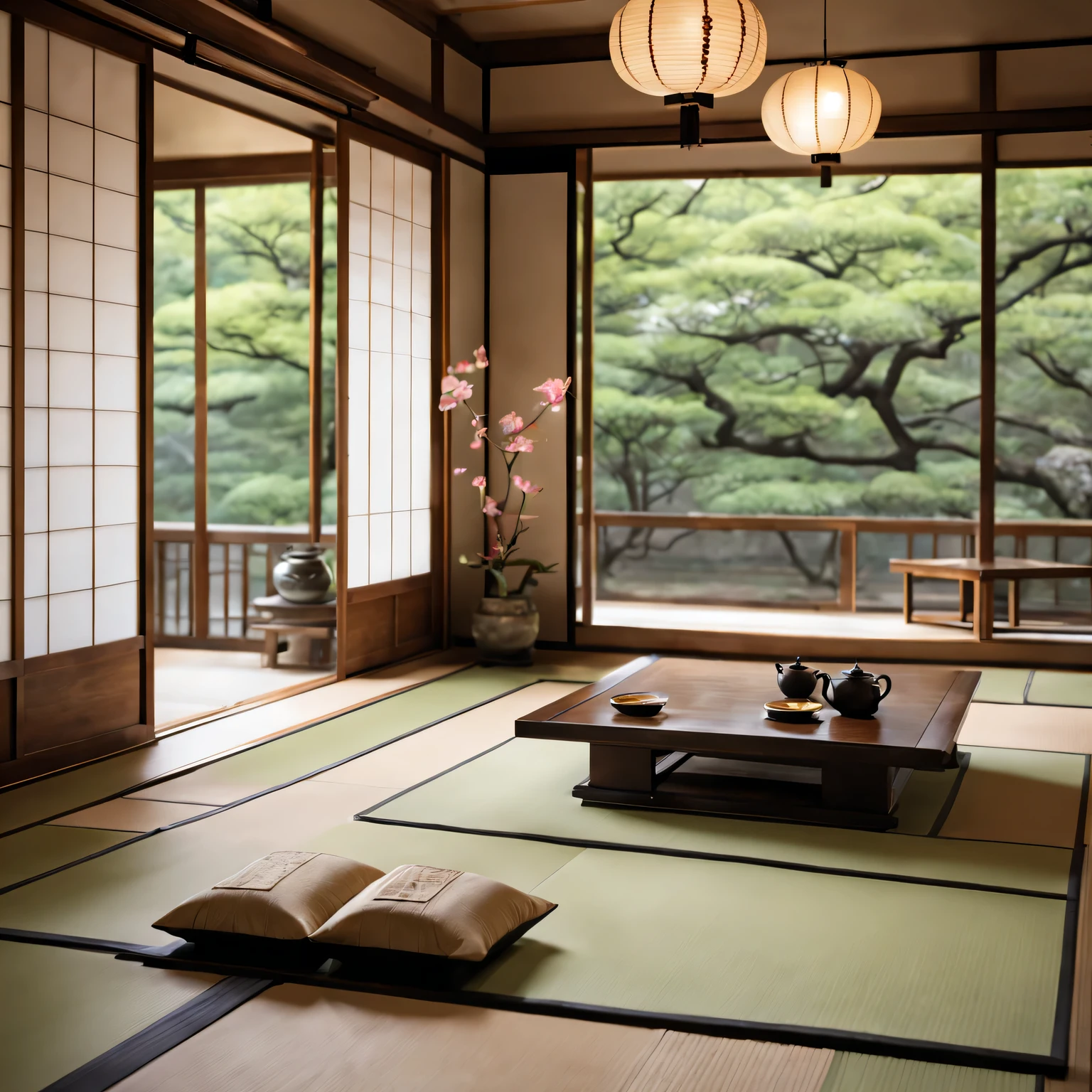 (best quality,4K,8k,high resolution,masterpiece:1.2),Super detailed,(actual,photoactual,photo-actual:1.37),Tatami style living room,traditional Japanese building,peaceful atmosphere,wooden floor,Sliding doors,subtle natural light,floor mats,Low table,exquisite paper lanterns,Japanese calligraphy scroll,Beautiful landscape painting,pastel color palette,Smooth texture,Zen-like atmosphere,Delicate flower arrangement,Quiet and elegant,floating shelf with minimalist decor,Camellia pattern,Peaceful water features,Unique tatami,Authentic teapots and cups,Peace and harmony,rustic aesthetic,Zen garden landscape,Lush green plants,calm contemplation,Clean and tidy space,Tranquility and simplicity,A deep connection with nature,Tranquility and balance,A clever blend of modern and traditional elements,Warm and relaxing atmosphere,The gentle presence of nature