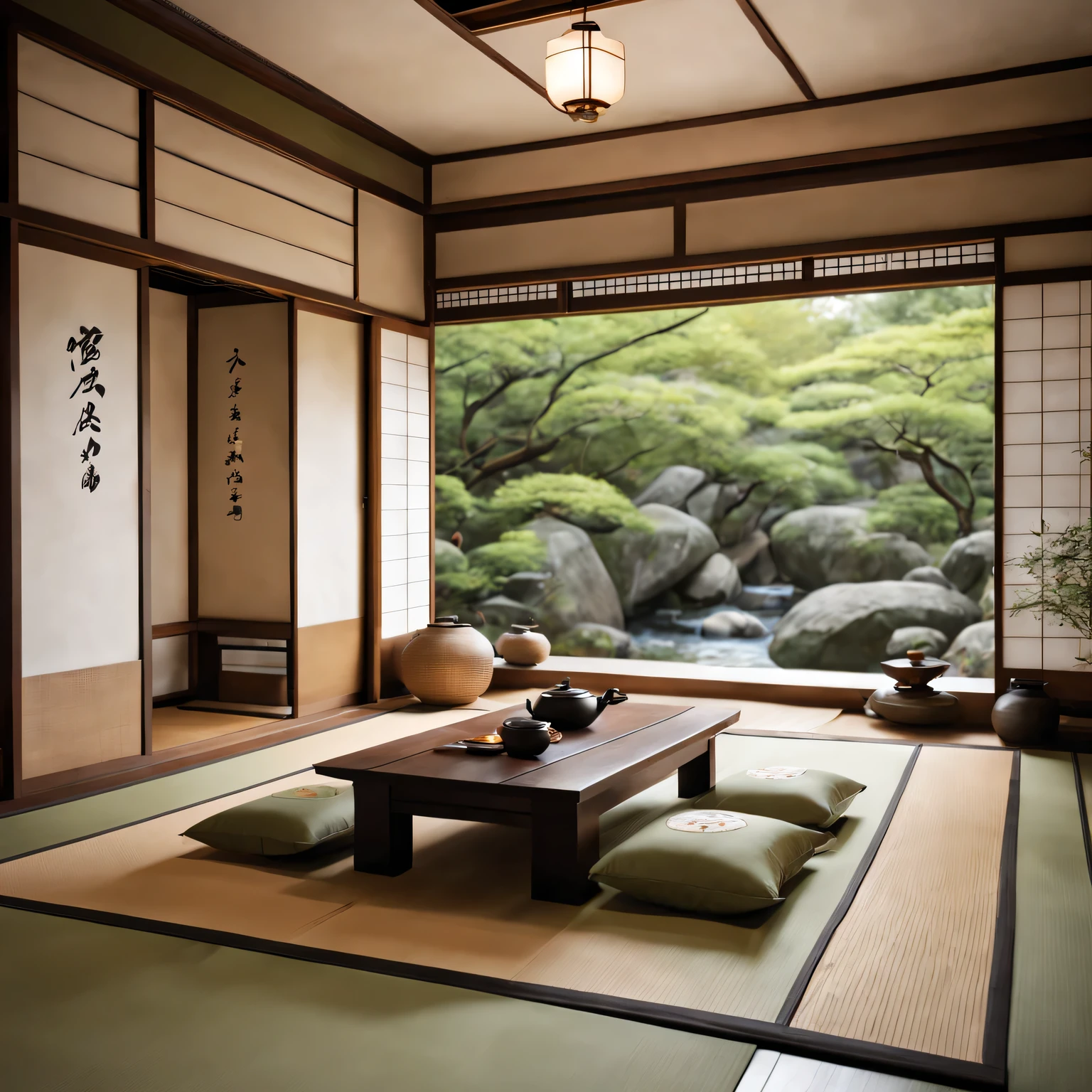 (best quality,4K,8k,high resolution,masterpiece:1.2),Super detailed,(actual,photoactual,photo-actual:1.37),Tatami style living room,traditional Japanese building,peaceful atmosphere,wooden floor,Sliding doors,subtle natural light,floor mats,Low table,exquisite paper lanterns,Japanese calligraphy scroll,Beautiful landscape painting,pastel color palette,Smooth texture,Zen-like atmosphere,Delicate flower arrangement,Quiet and elegant,floating shelf with minimalist decor,Camellia pattern,Peaceful water features,Unique tatami,Authentic teapots and cups,Peace and harmony,rustic aesthetic,Zen garden landscape,Lush green plants,calm contemplation,Clean and tidy space,Tranquility and simplicity,A deep connection with nature,Tranquility and balance,A clever blend of modern and traditional elements,Warm and relaxing atmosphere,The gentle presence of nature