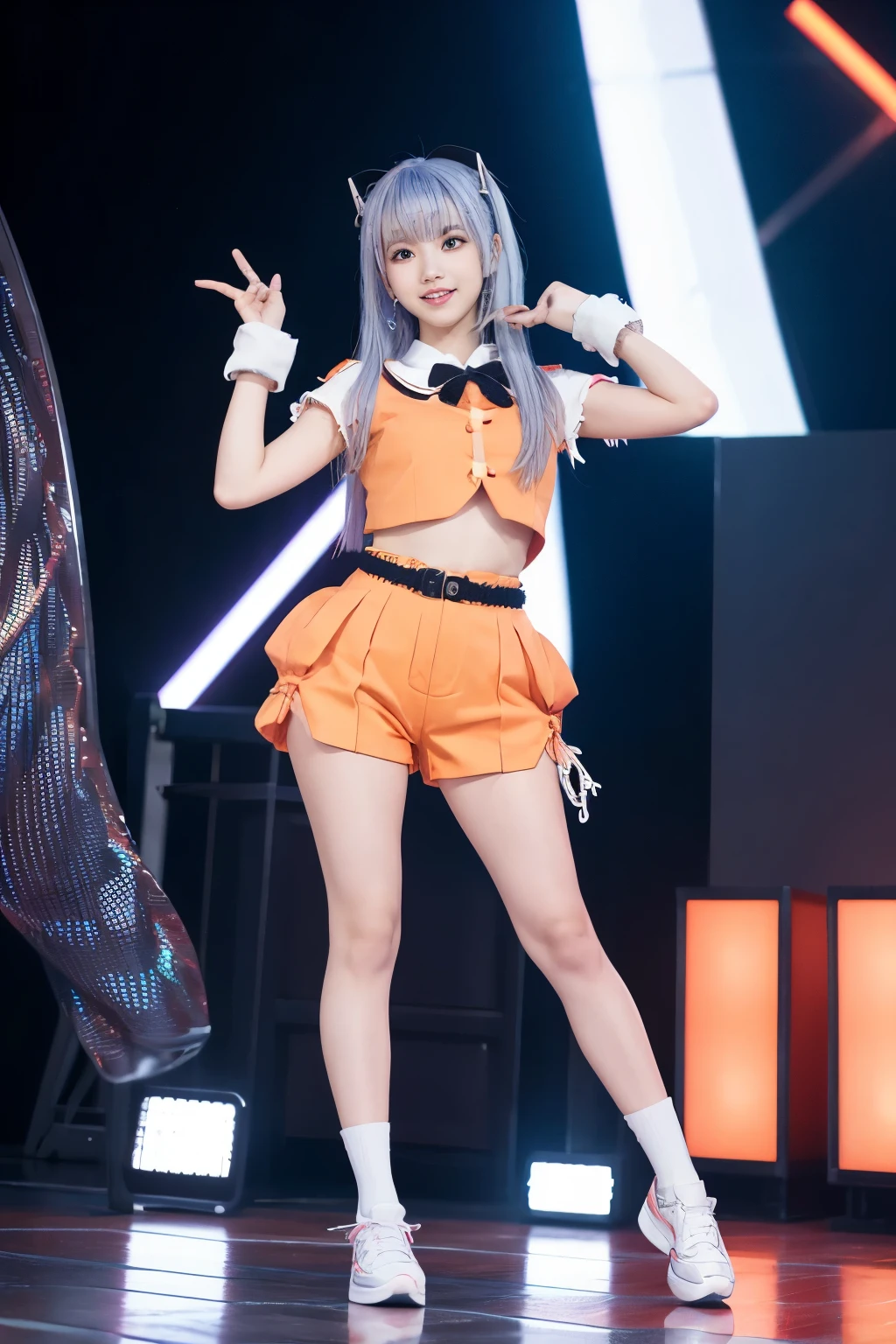 cyber idol、 、Full body Esbian、、 、fluorescent orange tight shorts、、silver hair、cyber stage