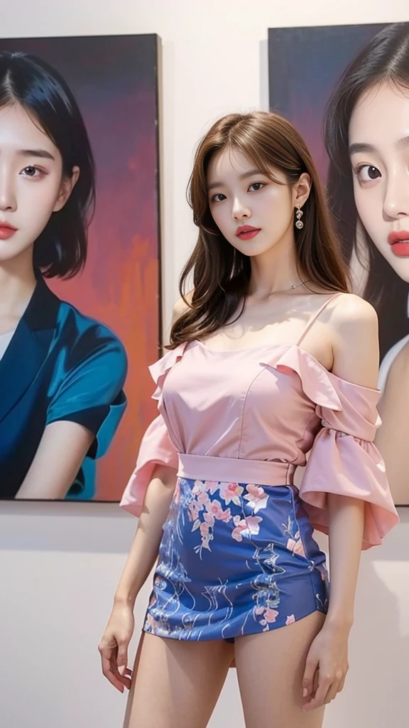 a woman in a short dress posing in front of a painting, gorgeous young korean woman, wearing an elegant dress, beautiful young korean woman, sexy dress, beautiful south korean woman, yanjun chengt, jaeyeon nam, korean women's fashion model, elegant dress, hwang se - on, pink dress, korean artist, wearing a pink dress, cute korean actress