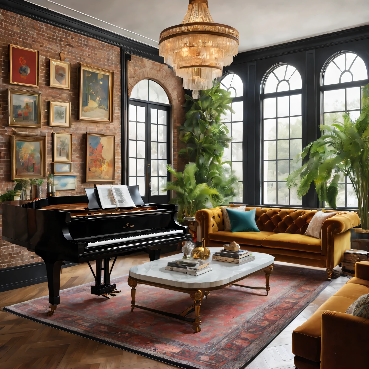 (best quality,4K,8k,high resolution,masterpiece:1.2),Super detailed,(actual,photoactual,photo-actual:1.37),random,Eclecticism,Rich levels,living room,Visually stunning,style mixing,bright colors,Unique décor,eye-catching furniture,Artistic patterns,Detailed texture,Contrasting elements,Modern and antique furniture,Gorgeous chandeliers,plush velvet sofas,fancy accessories,Wall of art,funny sculpture,Well-curated bookshelf,Lush houseplants,Industrial style exposed brick wall,Sunlight pours in through the large windows,vintage persian rug,geometric floor tiles,Colorful mosaic tile backsplash,sculptural coffee table,an art deco,cultural relics,grand piano,Lots of different materials,Brass details,marble countertops,Glass vase,Polished wooden floors,Layered lighting,Cozy and warm atmosphere,warm color palette,soft natural light,subtle shading,Elegant curtains,Plush throw pillows,cozy fireplace,Warm yet sophisticated atmosphere