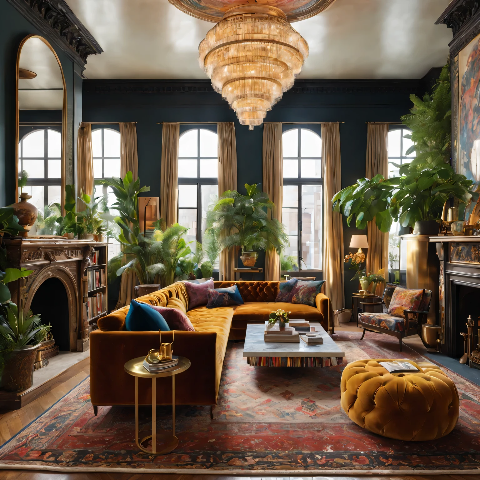 (best quality,4K,8k,high resolution,masterpiece:1.2),Super detailed,(actual,photoactual,photo-actual:1.37),random,Eclecticism,Rich levels,living room,Visually stunning,style mixing,bright colors,Unique décor,eye-catching furniture,Artistic patterns,Detailed texture,Contrasting elements,Modern and antique furniture,Gorgeous chandeliers,plush velvet sofas,fancy accessories,Wall of art,funny sculpture,Well-curated bookshelf,Lush houseplants,Industrial style exposed brick wall,Sunlight pours in through the large windows,vintage persian rug,geometric floor tiles,Colorful mosaic tile backsplash,sculptural coffee table,an art deco,cultural relics,grand piano,Lots of different materials,Brass details,marble countertops,Glass vase,Polished wooden floors,Layered lighting,Cozy and warm atmosphere,warm color palette,soft natural light,subtle shading,Elegant curtains,Plush throw pillows,cozy fireplace,Warm yet sophisticated atmosphere