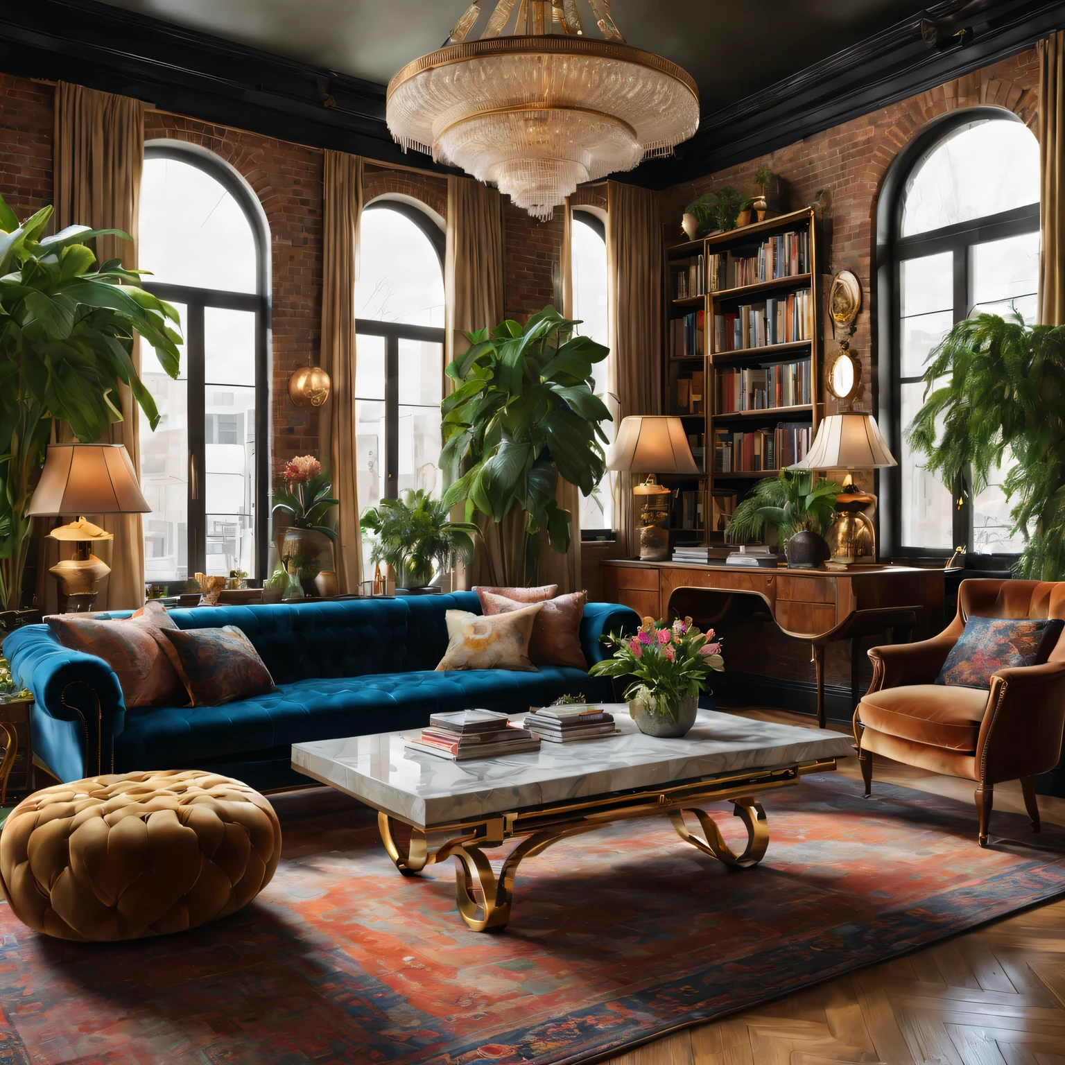 (best quality,4K,8k,high resolution,masterpiece:1.2),Super detailed,(actual,photoactual,photo-actual:1.37),random,Eclecticism,Rich levels,living room,Visually stunning,style mixing,bright colors,Unique décor,eye-catching furniture,Artistic patterns,Detailed texture,Contrasting elements,Modern and antique furniture,Gorgeous chandeliers,plush velvet sofas,fancy accessories,Wall of art,funny sculpture,Well-curated bookshelf,Lush houseplants,Industrial style exposed brick wall,Sunlight pours in through the large windows,vintage persian rug,geometric floor tiles,Colorful mosaic tile backsplash,sculptural coffee table,an art deco,cultural relics,grand piano,Lots of different materials,Brass details,marble countertops,Glass vase,Polished wooden floors,Layered lighting,Cozy and warm atmosphere,warm color palette,soft natural light,subtle shading,Elegant curtains,Plush throw pillows,cozy fireplace,Warm yet sophisticated atmosphere