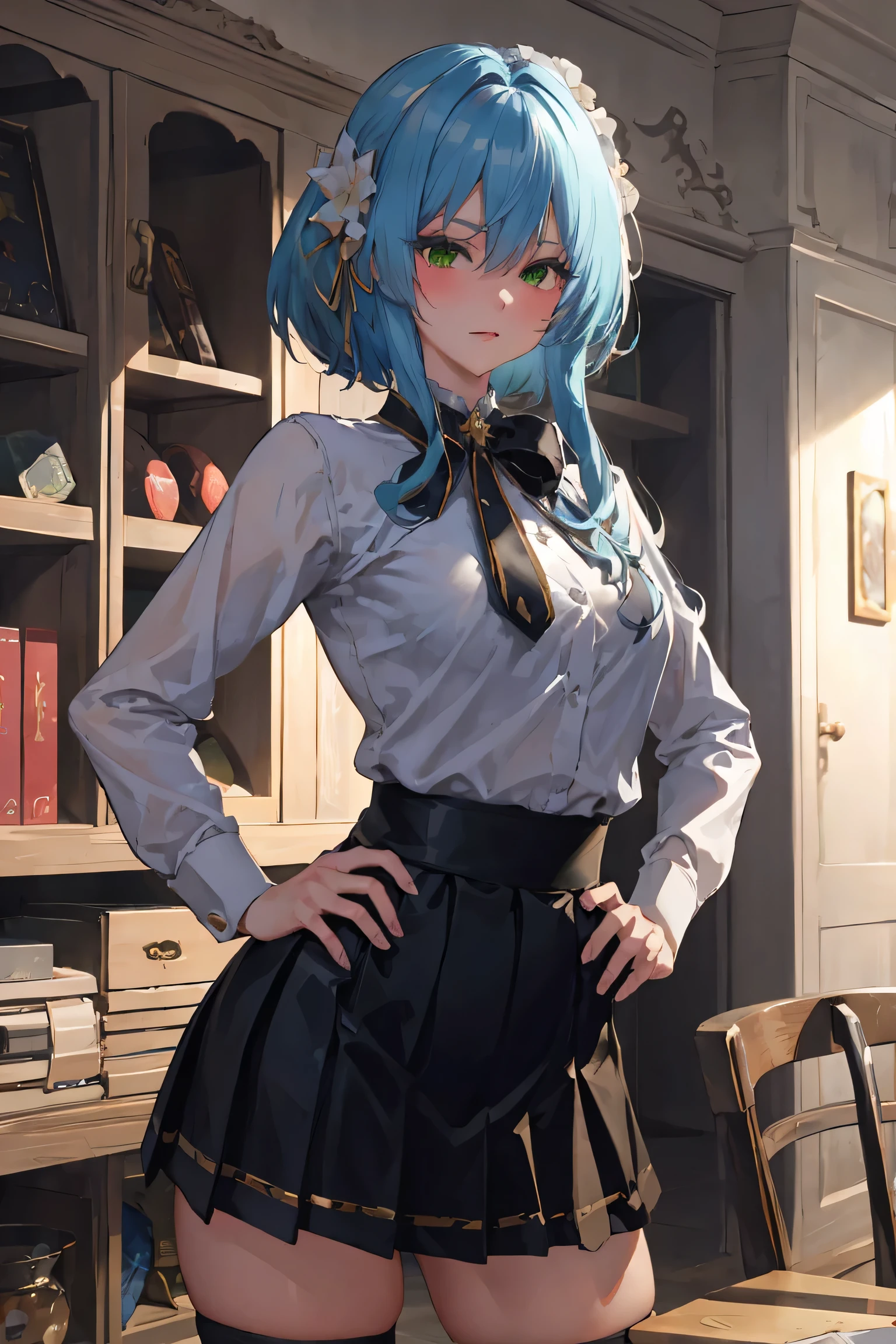 highres, aavillhaze, short hair, green eyes,
BREAK wearing skirt, shirt, long sleeves, bow, school uniform, pleated skirt, collared shirt, bowtie, sweater, plaid, black shirt, plaid skirt, grey skirt, black sweater, grey bow,
BREAK looking at viewer,standing, cowboy shot, hand on hip,
BREAK indoors, library,
BREAK (masterpiece:1.2), best quality, high resolution, unity 8k wallpaper,NSFW ,(illustration:0.8), extremely detailed face, perfect lighting, extremely detailed CG, (perfect hands, perfect anatomy),