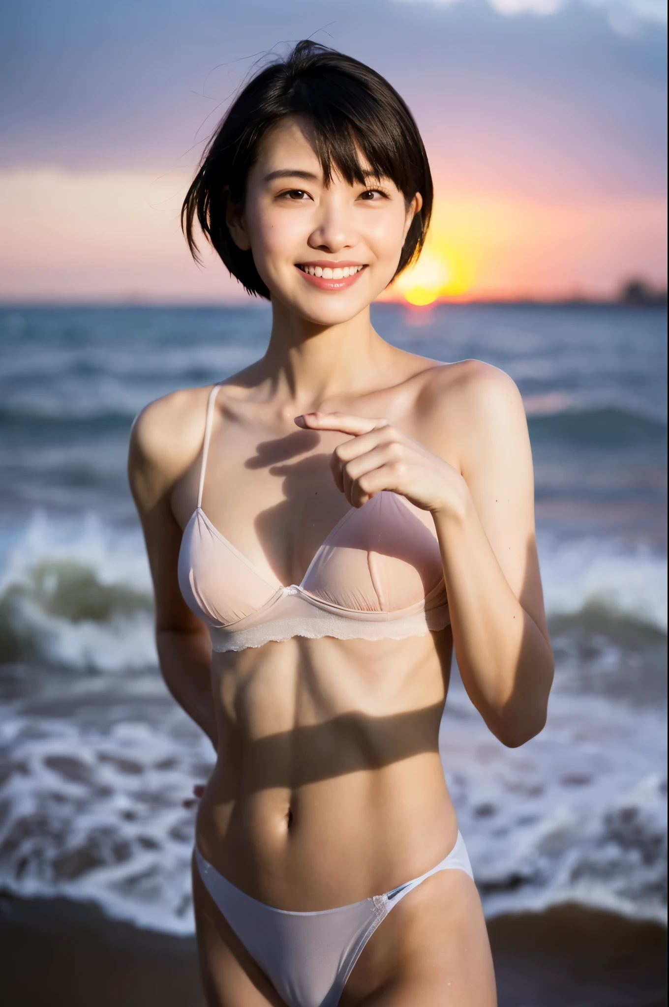 8K, (hyper reality: 1.35), (realistic: 1.4),naked!, smile, alone. light makeup, masterpiece, 最high quality, high quality, alone, No panties, No bra, Latin, puberty, only one girl, ((全naked!)) ,((No bra, No panties)),((perfect body)),((最high quality)),((Hola)),((very delicate and beautiful)),((Very shallow depth of field)), nffsw,((incredibly shallow depth of field)). be familiar with)), (((very delicate and beautiful)), (((Very shallow depth of field))), nffsw, (((incredibly absurd))), (((perfect body))), (((black hair )))) ))), (((short cut hair))), (((bobbed hair))), ((( Camera Eye)))), (((small ))), (((幸せな最高のsmile))), Poor, my + background, dynamic angle, female focus, {particles of light}, 詳細なbackground, ((paul hedley)), soft lighting, (dramatic) sunset), sunset, very beautiful sunset, live action, realistic, top angle, かわいいsmile, (blurred background), 18-year-old, skinny, ((Wind)), ((movement)), ((emotion)), ((colorful)), ((baby face)), ((beautiful teeth)), Wither, sea background