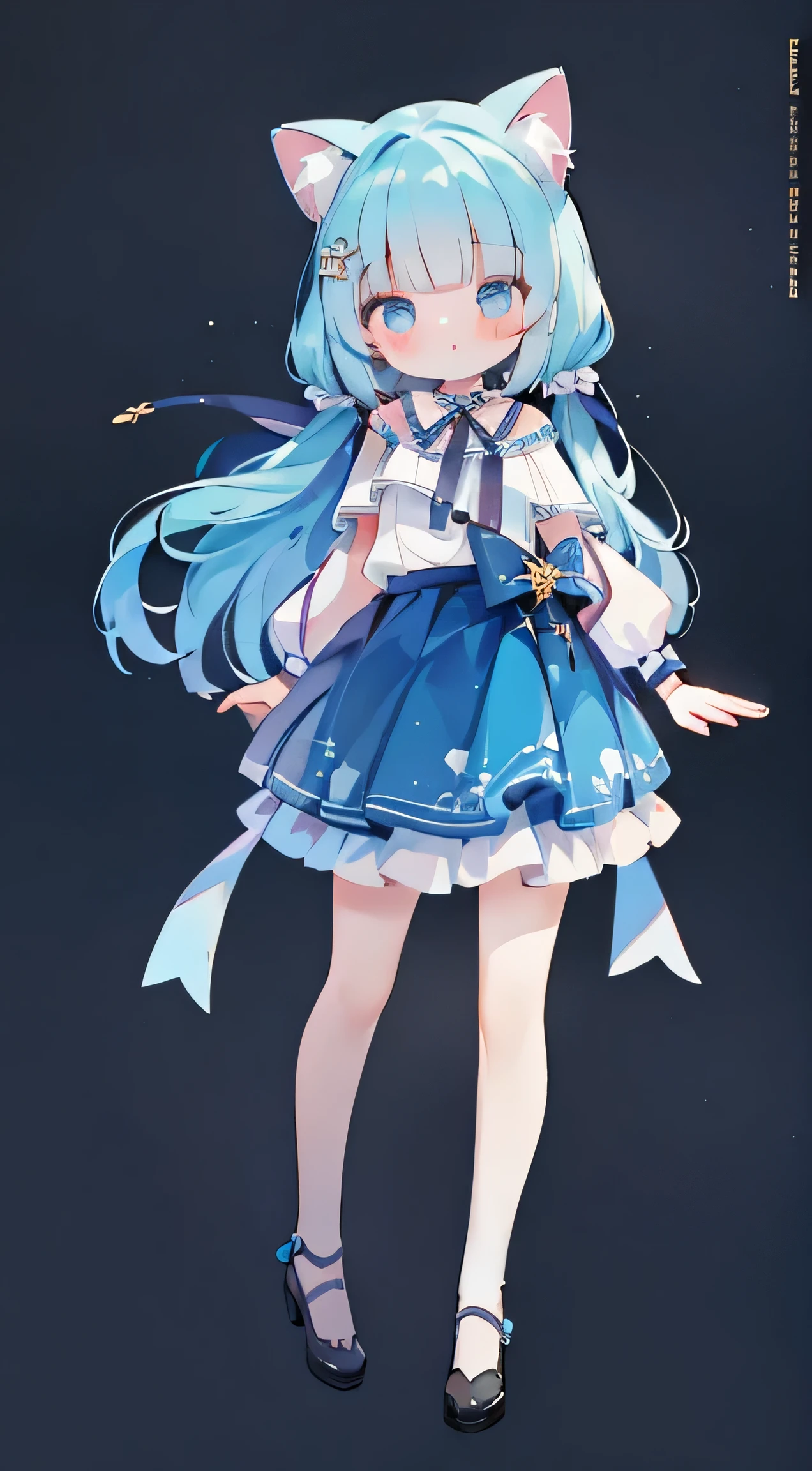 one girl、masterpiece、highest quality、best image quality、cute、blue eyes、blue hair、Cat ear、Standing picture、skirt、whole body、Background Black