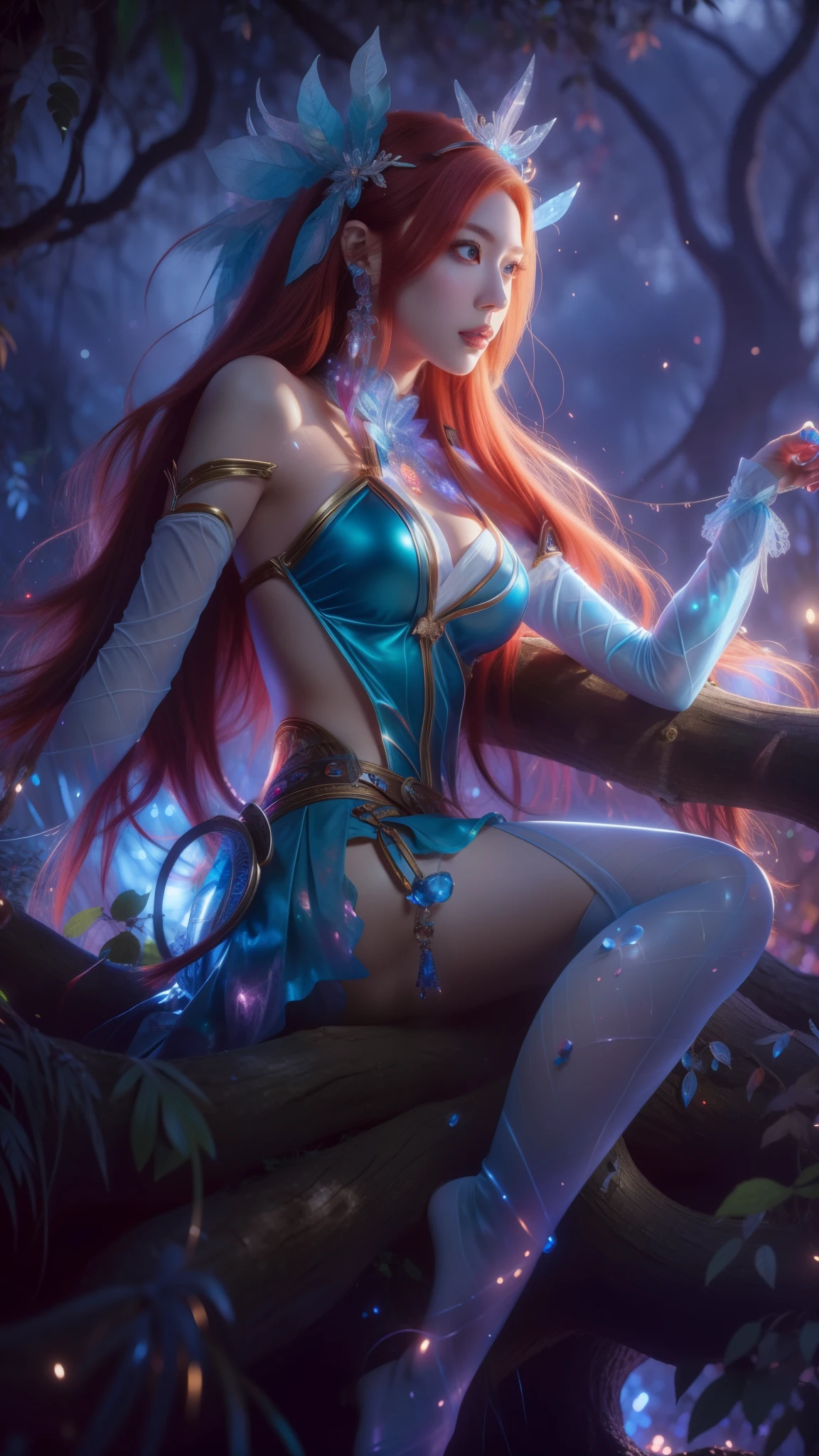 a close up of a girl red hair long sitting on a tree trunk , extremely detailed artgerm, ig model | artgerm, style artgerm, crystal maiden, artgerm detailed, artgerm lau, splash art, style of artgerm, ! dream artgerm, as seen on artgerm, artgerm style